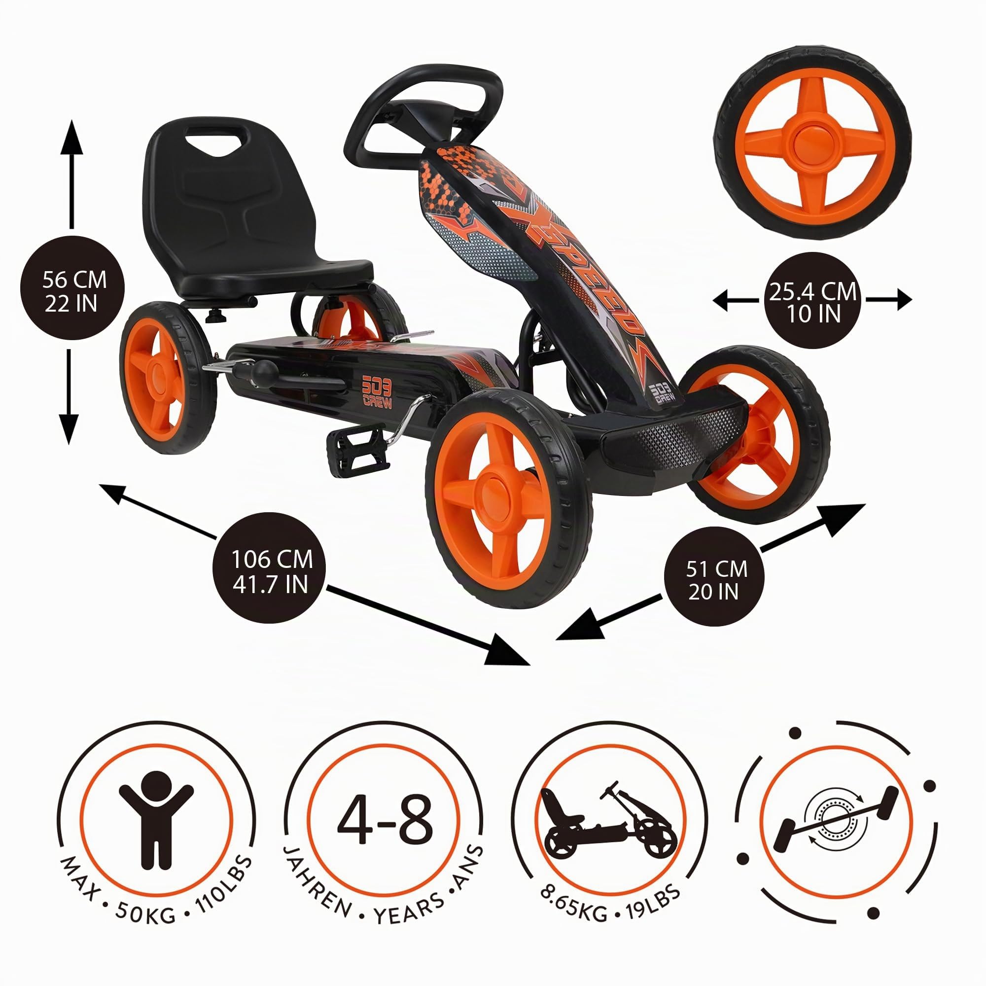 509 Crew XSpeed pedal karts - naranja, scooter, gráficos deportivos delanteros, asiento ajustable, ruedas de 4 radios con diámetro de 25 cm, con freno de mano, a partir de 4 años