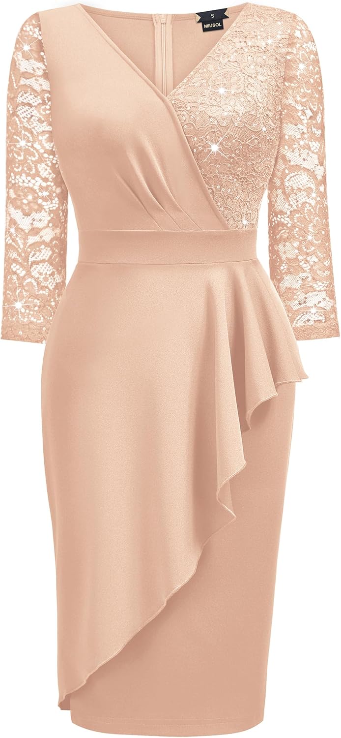 Miusol Women's Classy V-Neck Glitter Sequin Lace 3/4 Sleeve Cocktail Party Dress - Image 5
