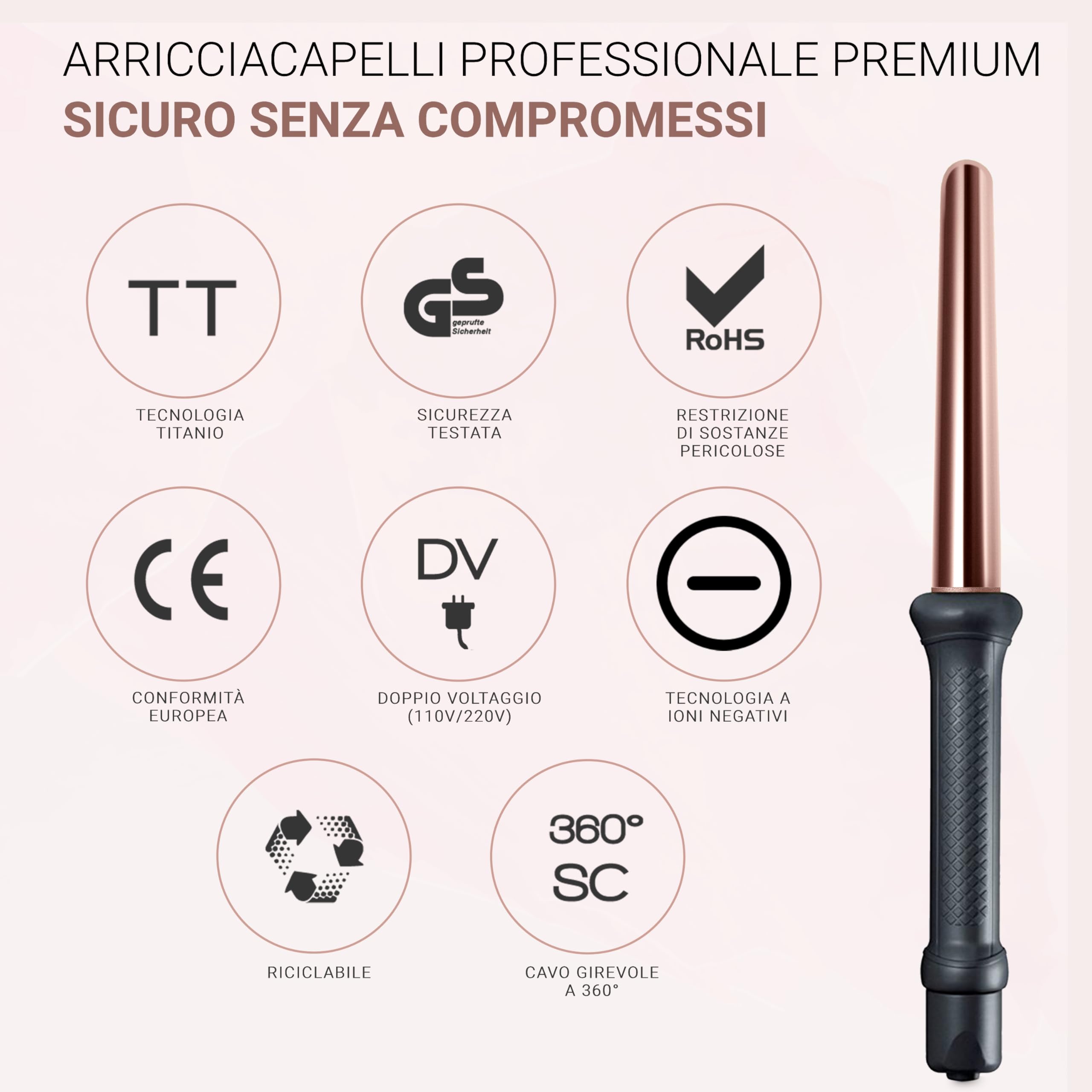 Golden Curl Arricciacapelli Professionale - 5 Anni di Tranquillità - Ferro Arricciacapelli con Barilotto in Ceramica Tormalina per Onde e Ricci per Capelli Corti e Lunghi (Oro Rosa)