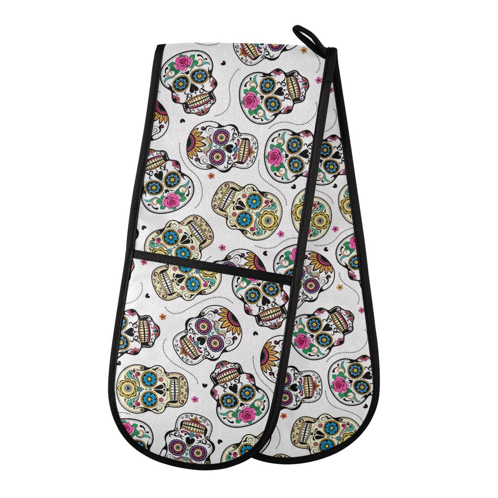 Double Oven Gloves Beautiful Sugar Skulls Seamless Heat Resistant Pot Holder Oven Mitt Gloves for BBQ Cooking Baking Grilling Microwave