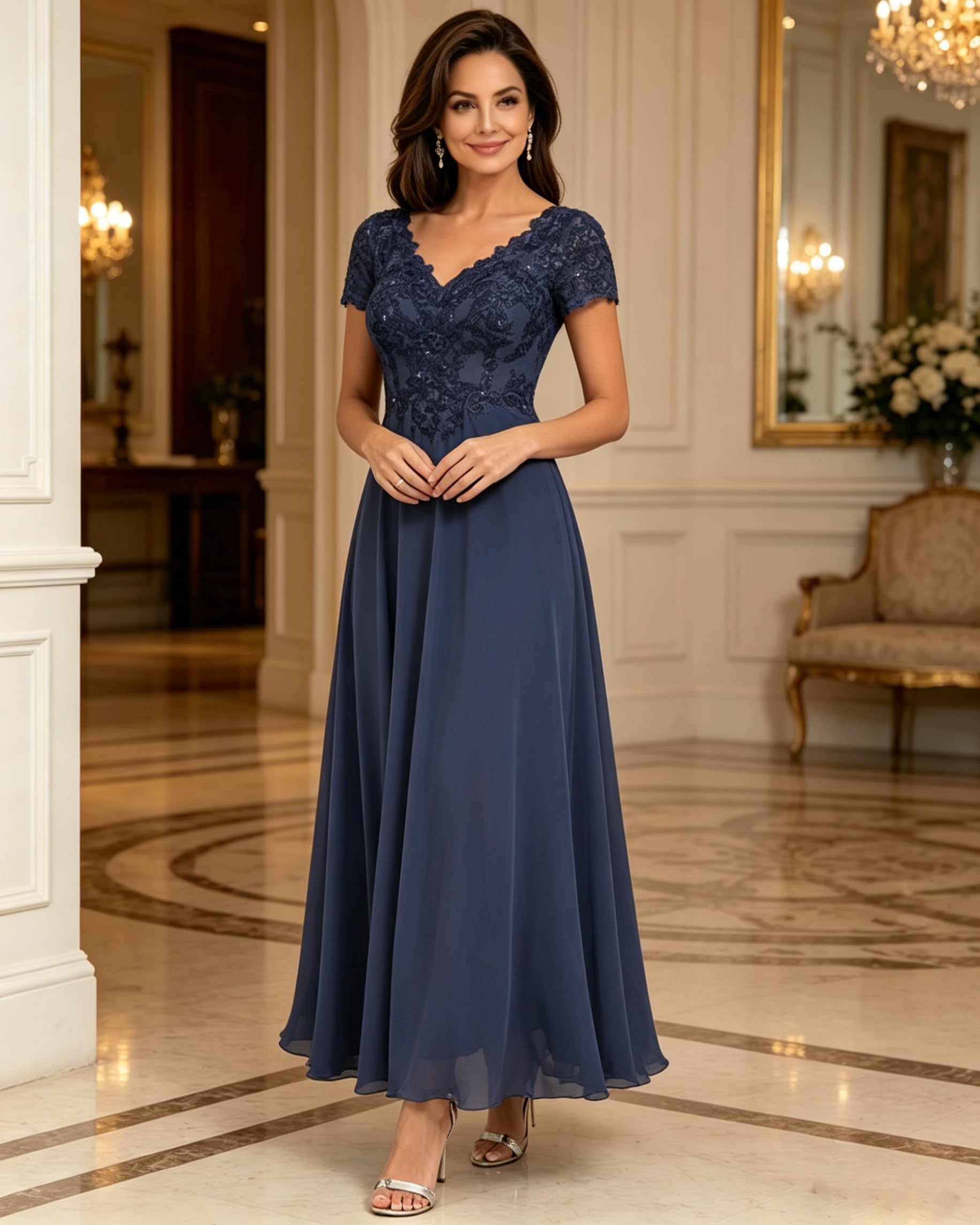 Brautmutterkleider aus Chiffon mit Spitze, Ärmeln und Teelänge, formelles Abendkleid für Damen zur Hochzeit
