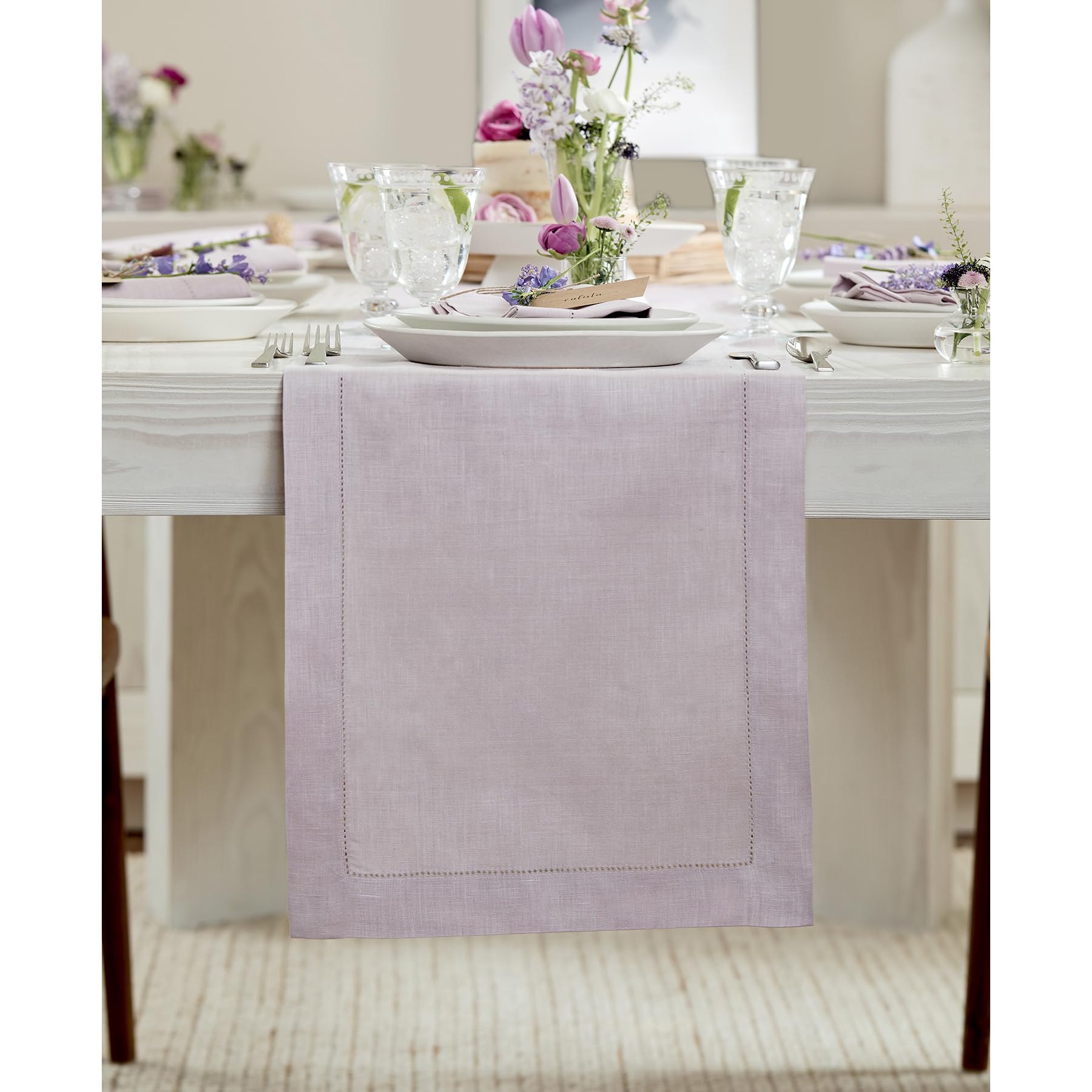 Solino HomeLinen Lilac Table Runner 90 Inches Long - 100% Pure Linen Hemstitch 14 x 90 Inch Table Runner for Dining and Summer - Classic Hemstitch