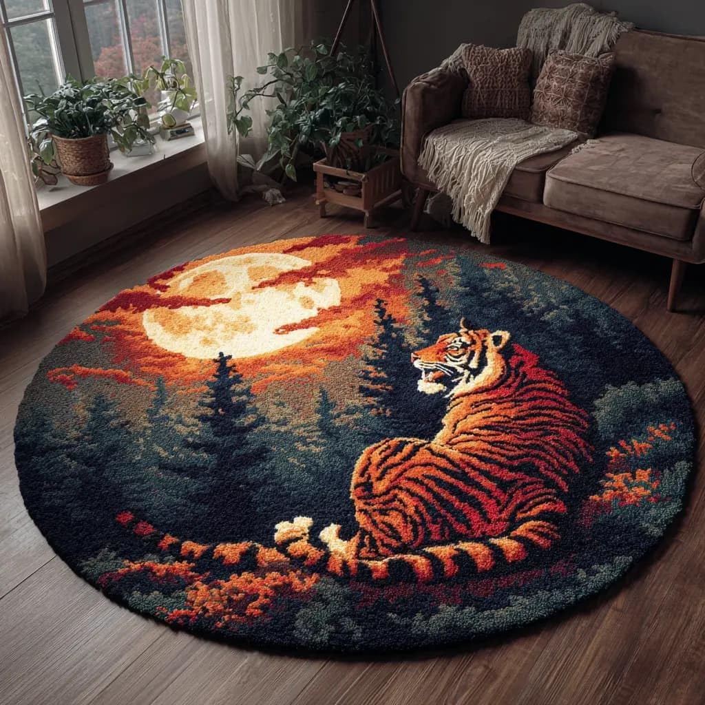Round Latch Hook Rug Kits Tiger For Adults And Starter 50*50Cm