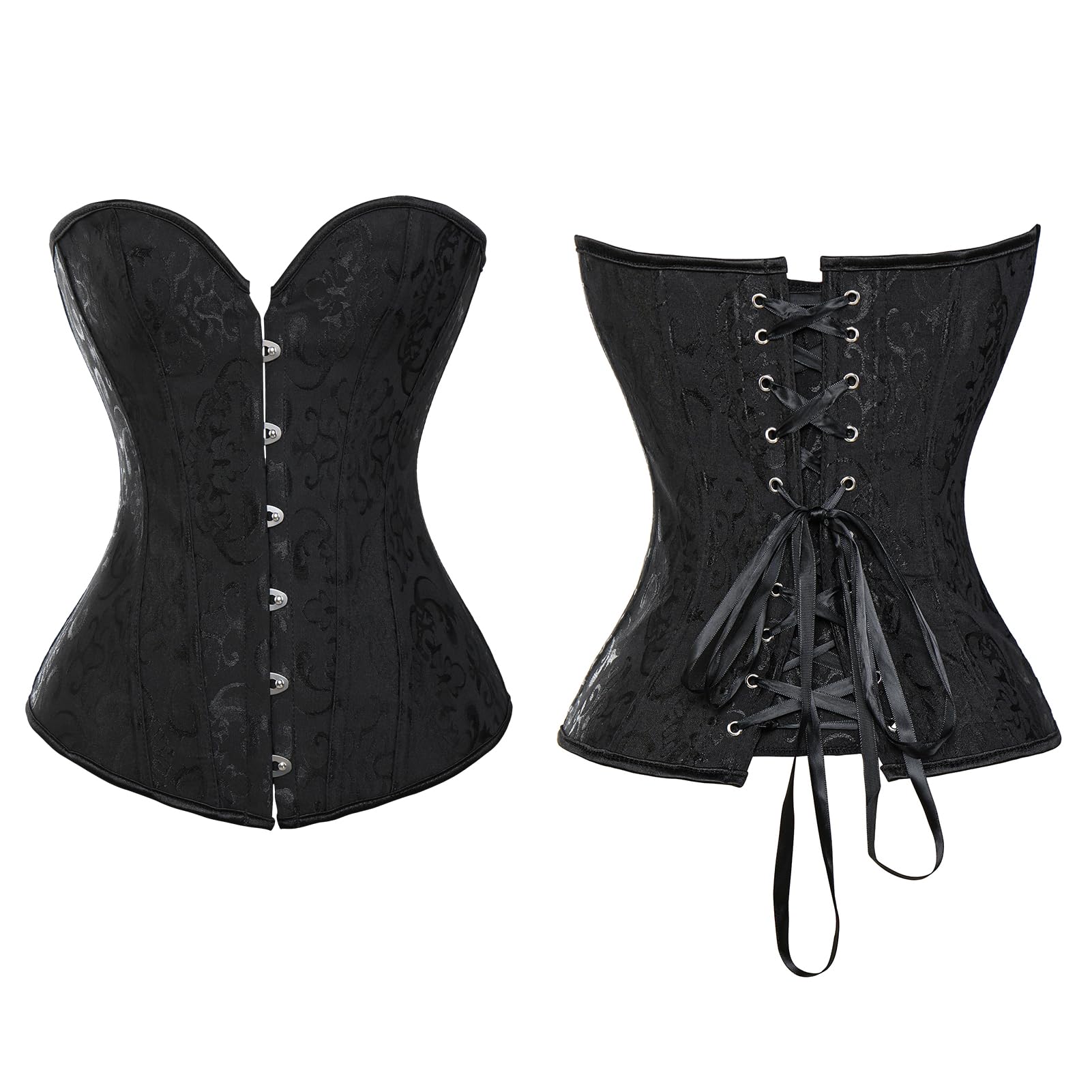 SLIMBELLE® Femmes Corset Gothique Brocart Bustier Sexy Steampunk en Satin pour Halloween Costume Lingerie de Mariée avec Ruban Lacet Overbust Top + G-String