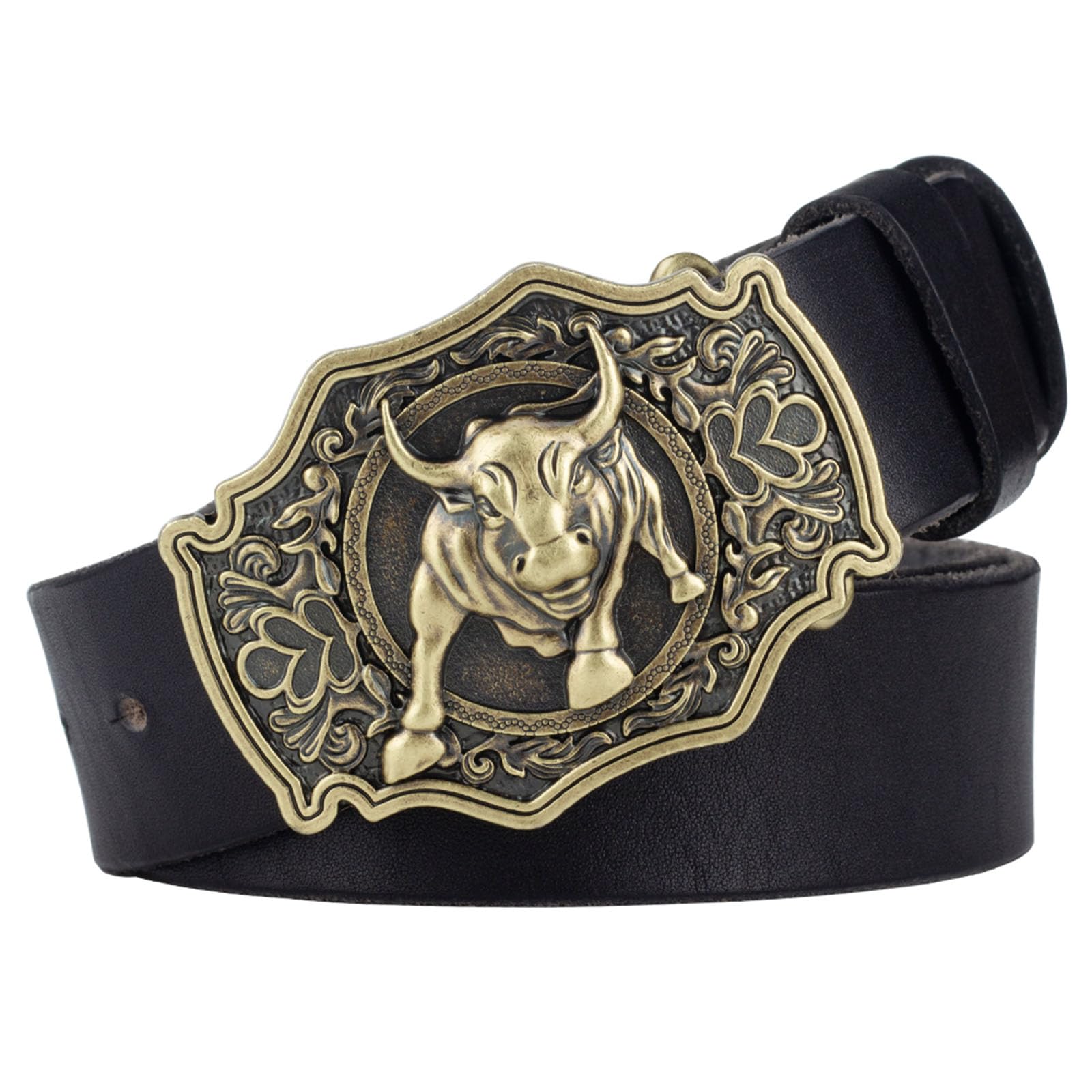 Jiary Unisex Black Cowboy Western Rodeo Belts For Men, Mens Belt With Longhorn Bull, Leather Belt Longhorn Bull Pattern Square Alloy Buckle Vintage Belt,,120Cm/47.3''