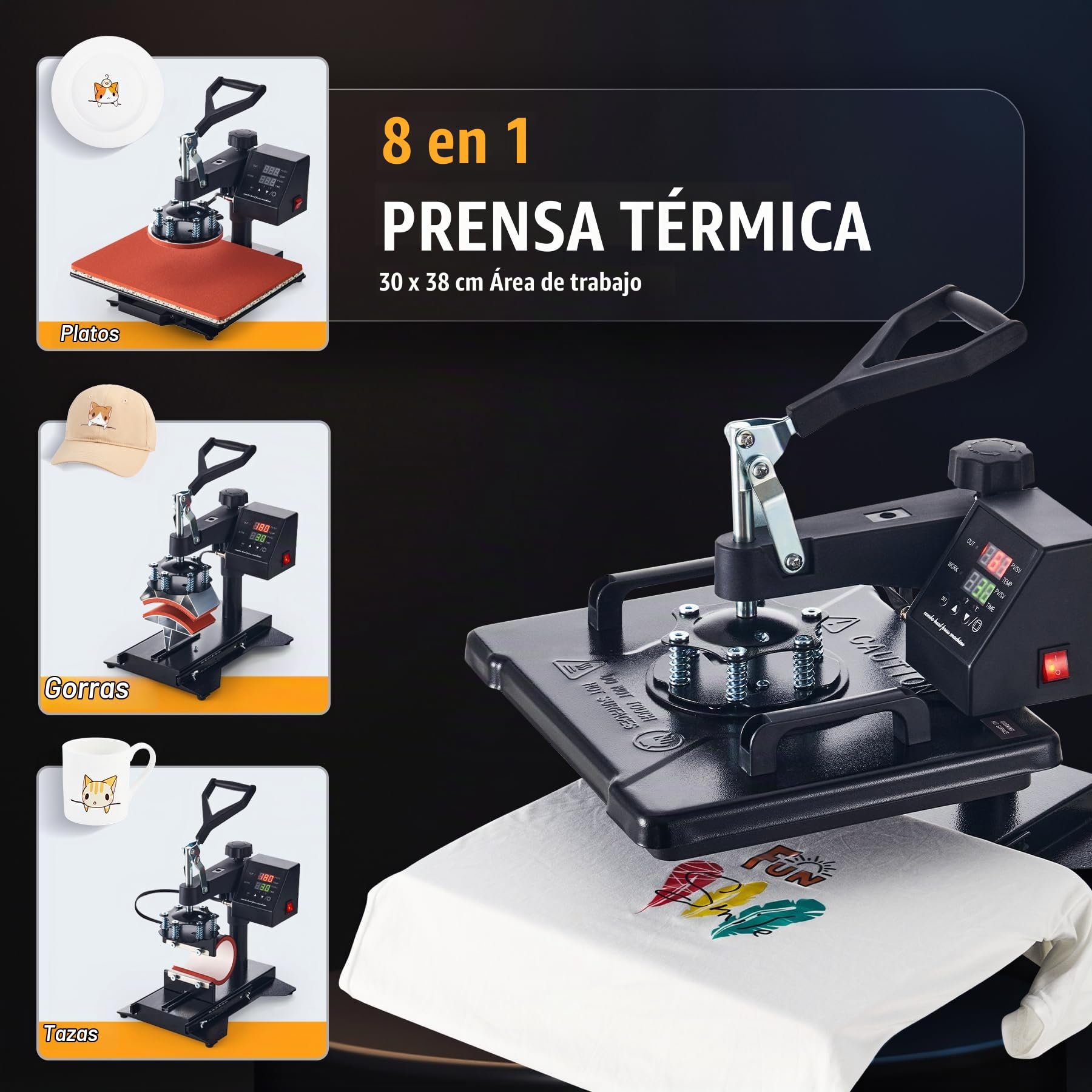 CREWORKS 8 en 1 Prensa de Calor 30X38CM con Pantalla LED Máquina de Sublimación Giratoria 360° Prensa Térmica para DIY Camisetas, Bolsas y Sombreros