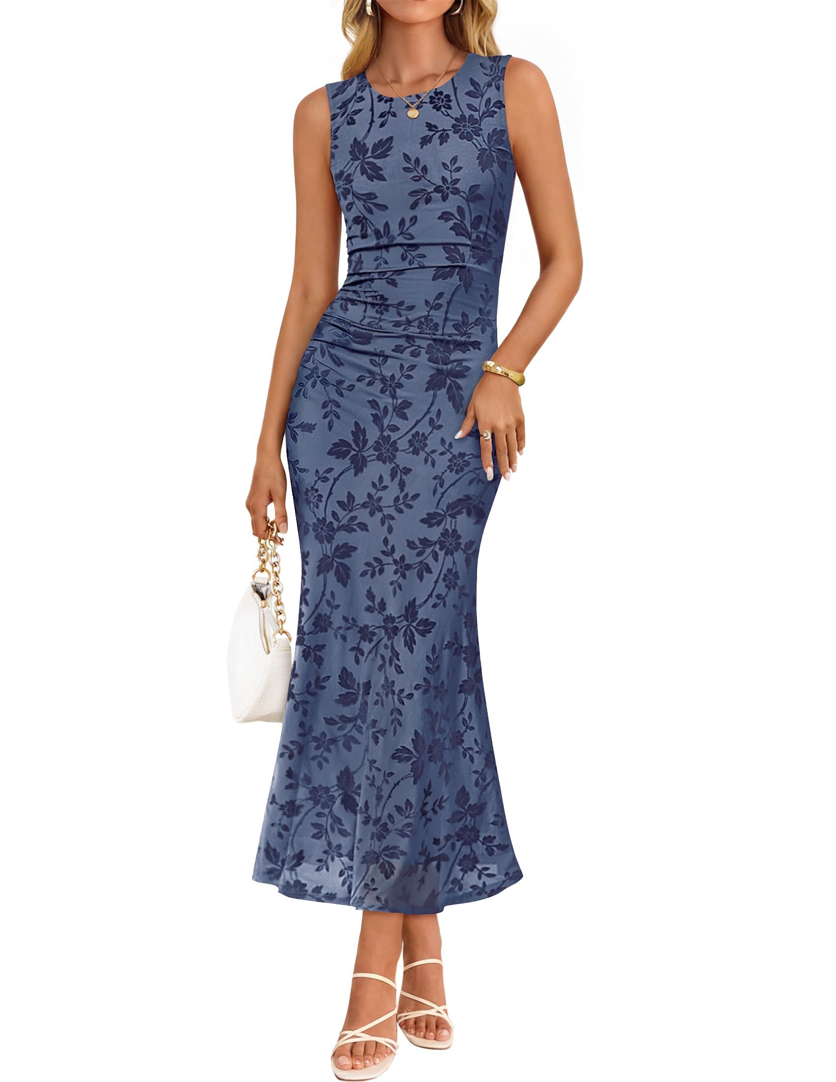 Women's Sleeveless Floral Bodycon Maxi Dress 2026 Summer Ruched Mesh Wedding Guest Cocktail Party Dresses