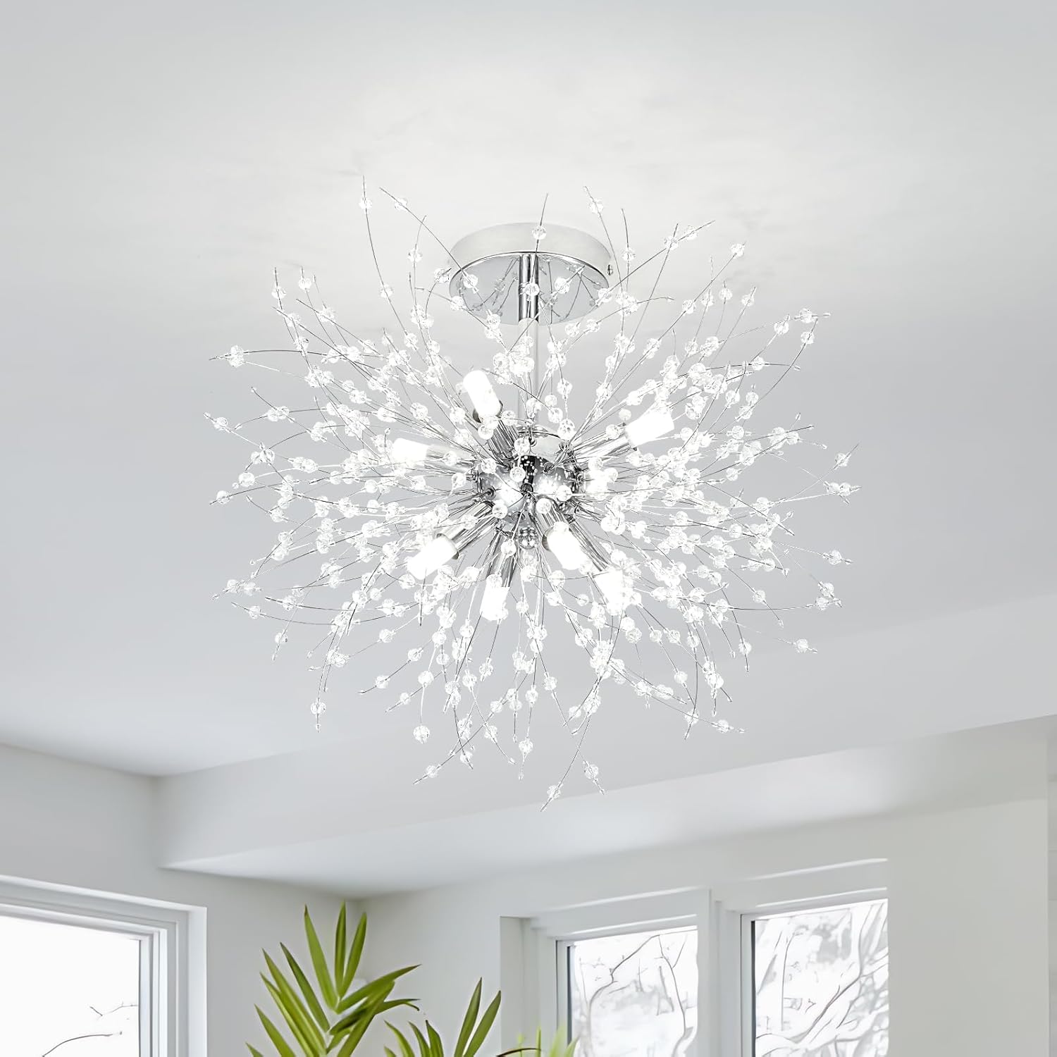 WILON Modern Crystal Ceiling Chandeliers, Firework Dandelion Ceiling Light Flush Mount 8-Lights Bedroom Lighting Fixtures for Hallway Kitchen Living Room (Nickel)