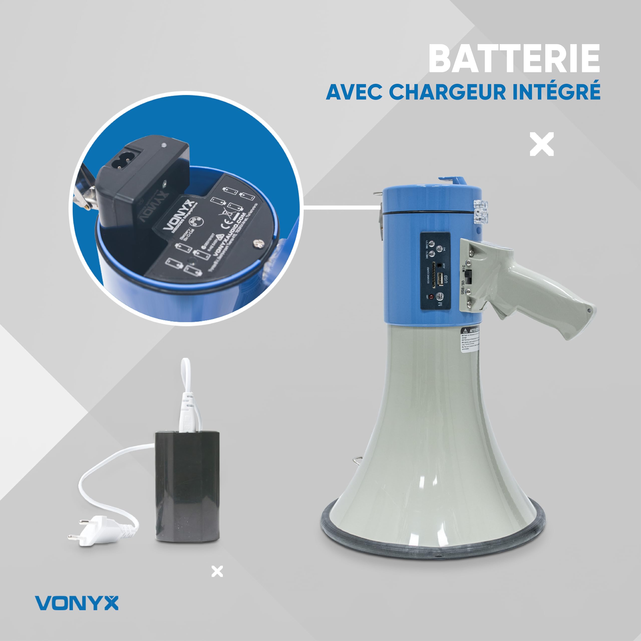 VONYX MEG065 Kit Mégaphone Professionnel 65W - avec Sac de Transport, 2 Batteries Lithium-ION Rechargeables, Idéal pour Les Déplacements en Manifestations ou Matchs