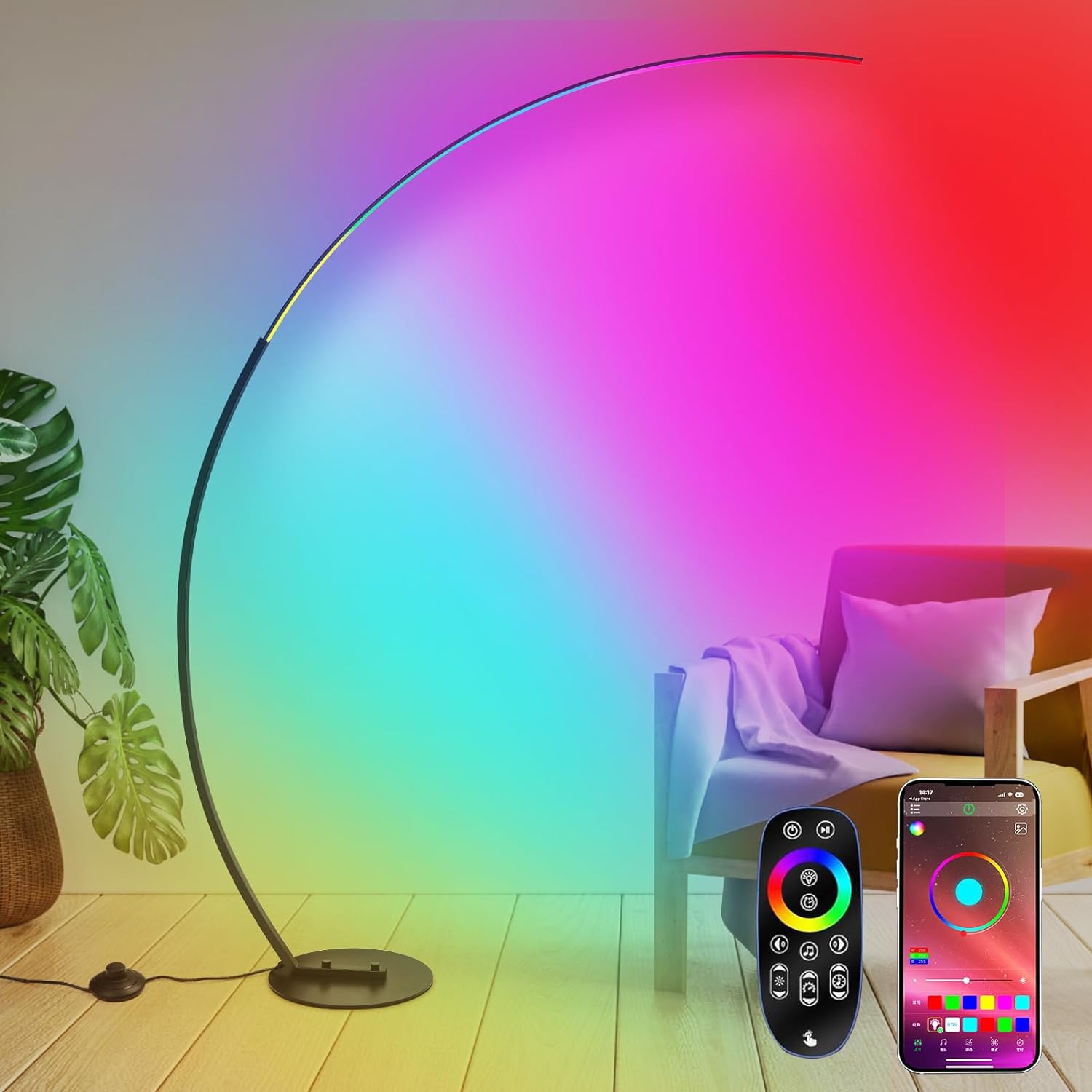 RGBW Arc Floor Lamp, Dimmable LED Floor Lamp with RGBW, Ultra Bright, Modern Standing Tall Lamp with Remote Reading Floor Lamp for Living Room Bedroom Office RGB-Arc