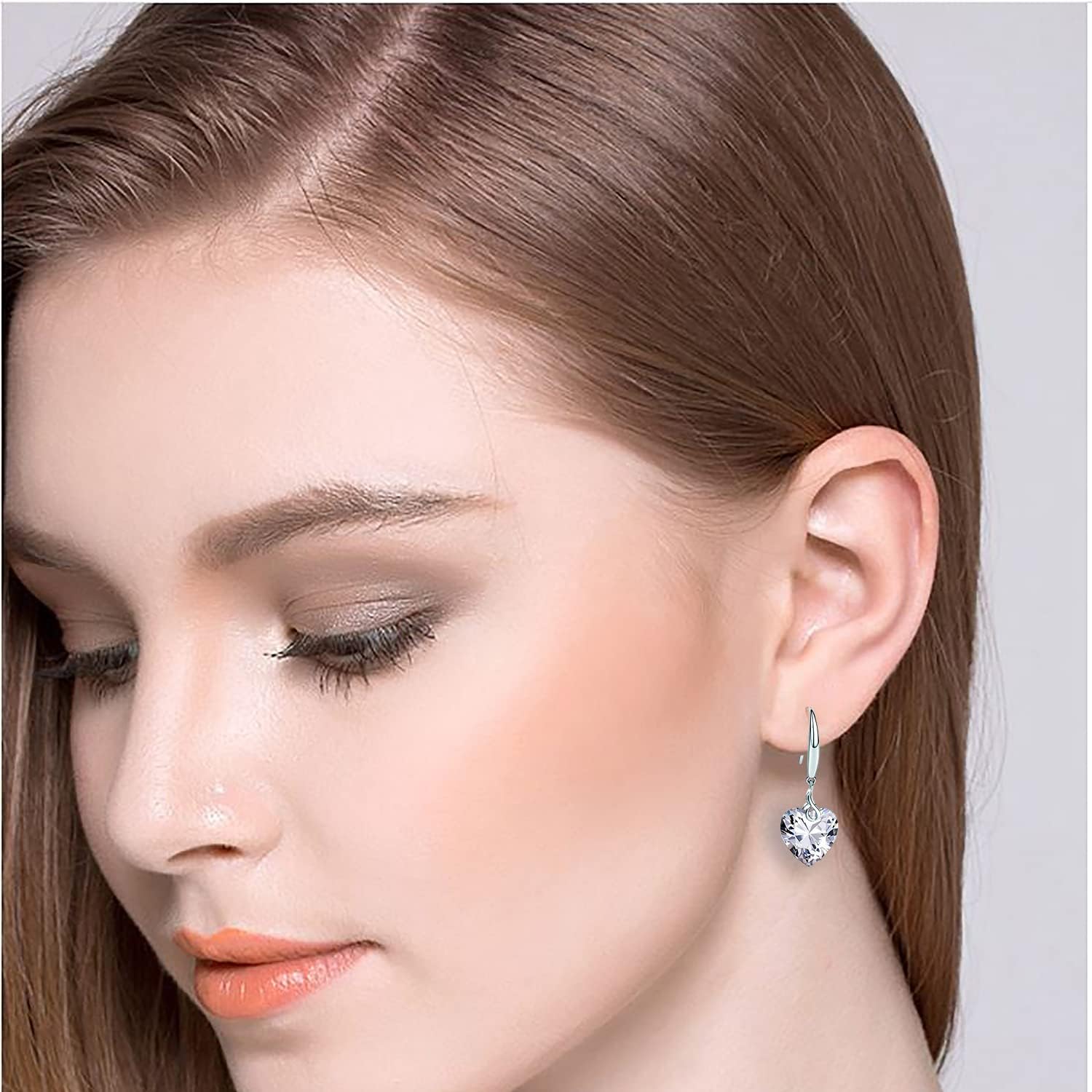 Heart Dangle Earring 925 Sterling Silver 5A Heart Cubic Zirconia Drop Earring for Women Silver Jewelry Gift for Wife