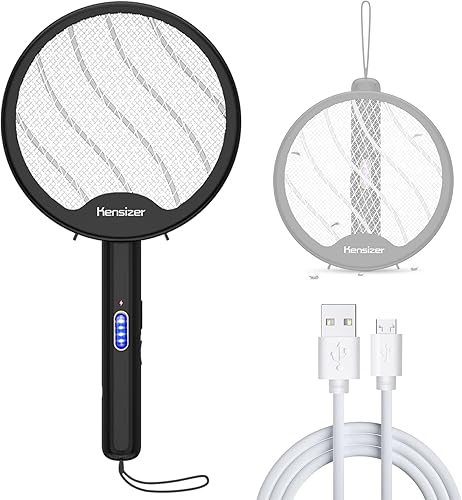 Kensizer Matamoscas eléctrico Bug Zapper, raqueta plegable recargable con cable de carga USB (negro)