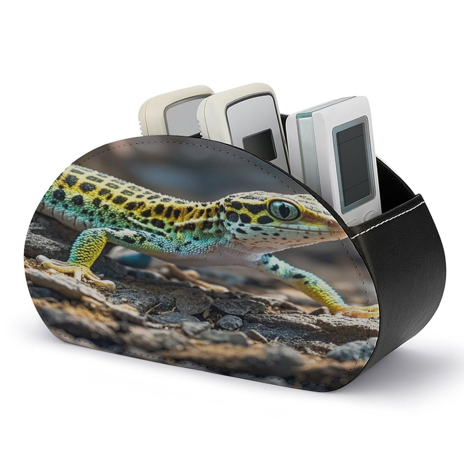 VstaDank Leopard Little Gecko Remote Control Holder Farmhouse TV Media Remote Storage Box with 5 Compartments PU Leather Remote Caddy Desktop Organizer for Home Bedside Table Organizer