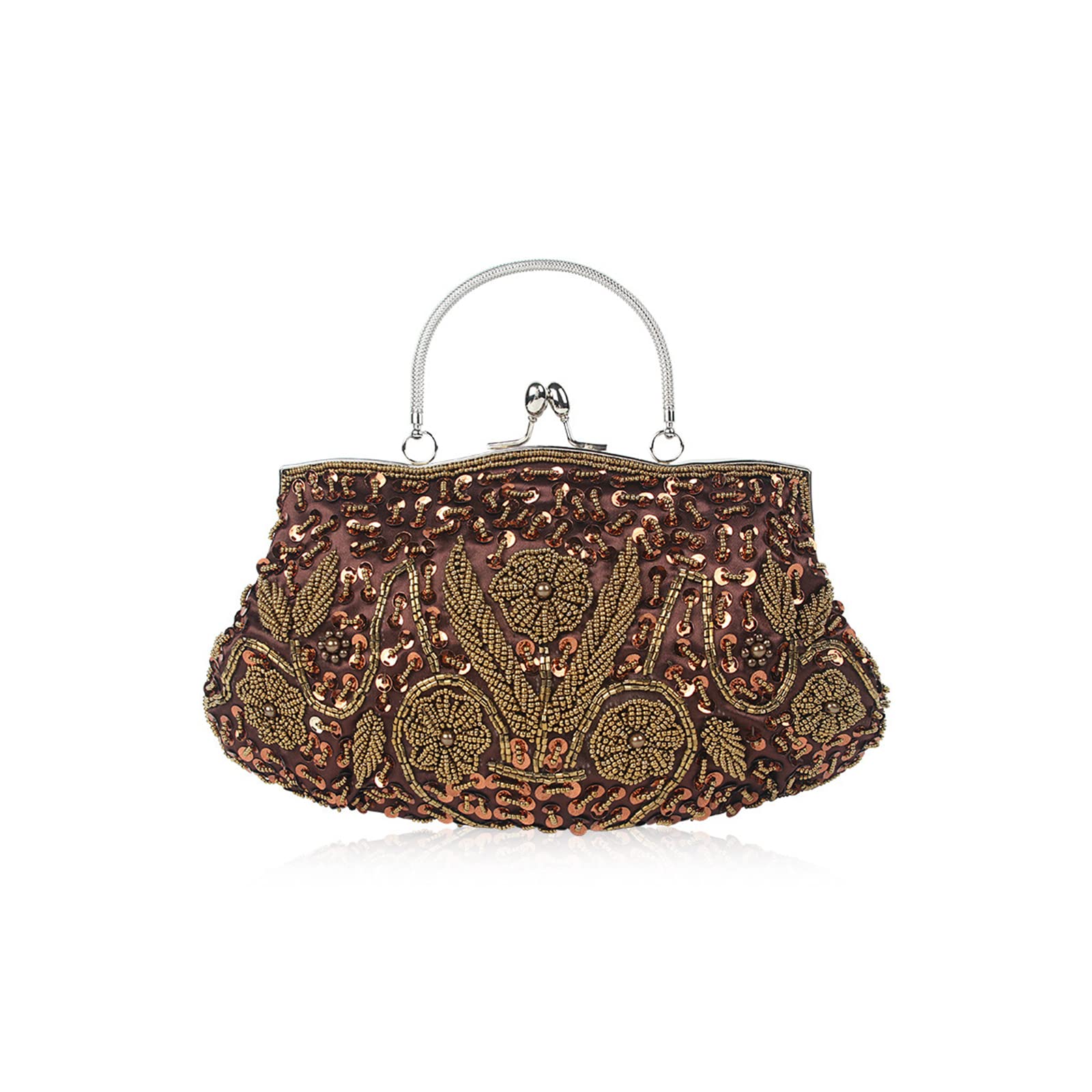 CORIOS Damen Handgemachte Perle Handtasche Floral Abendtasche Vintage Clutch Tasche Elegante Schultertasche Klein Tasche Kette Umhängetasche Hochzeit Bankett-Party Abschlussball Tasche Kaffee