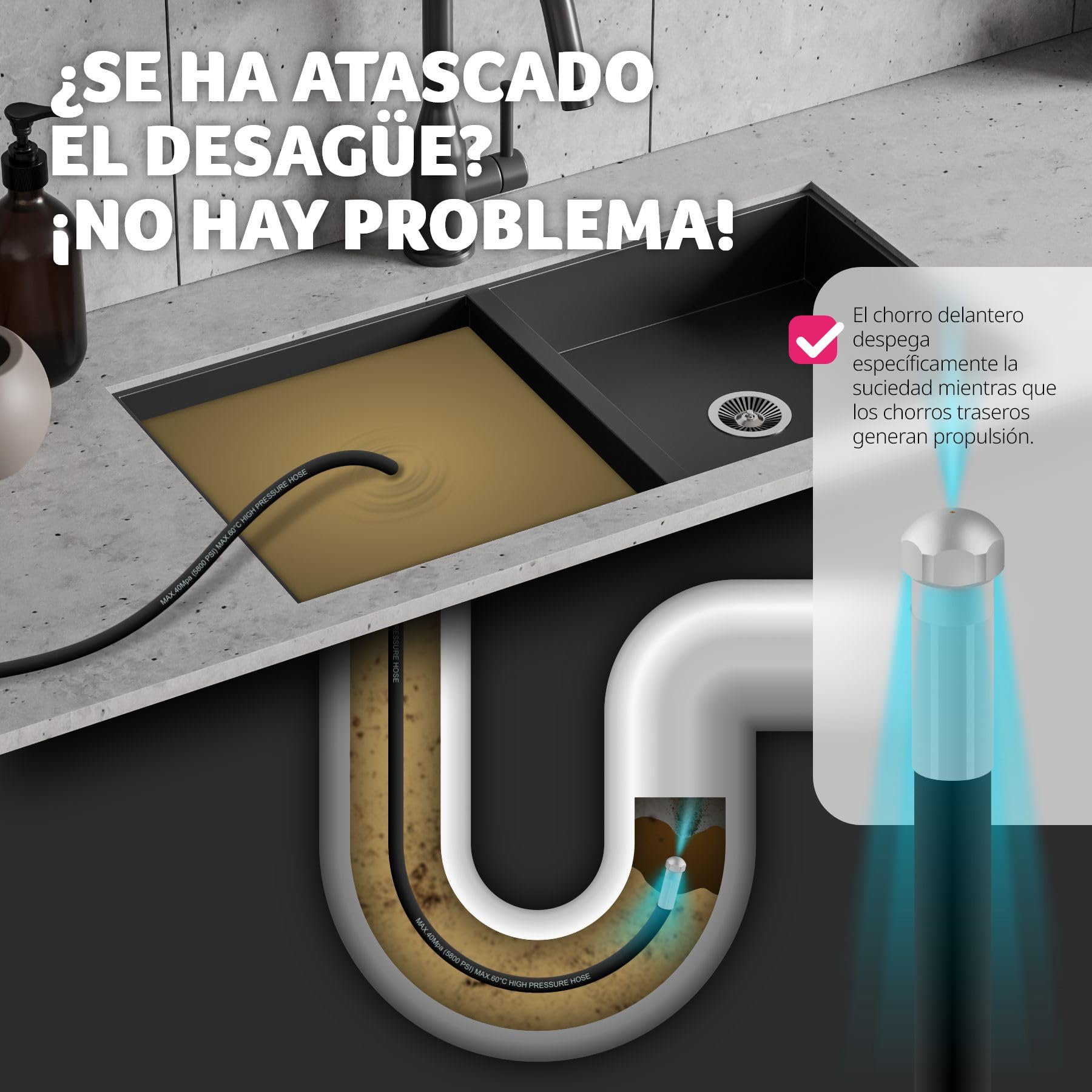 tectake® Juego Manguera Limpieza Tuberías 8 Piezas, Boquilla Giratoria, Adaptadores Hidrolimpiadora, Limpia Canalones, Manguera Presión, Desatascador Tuberias, Manguera Flexible - 15 metros
