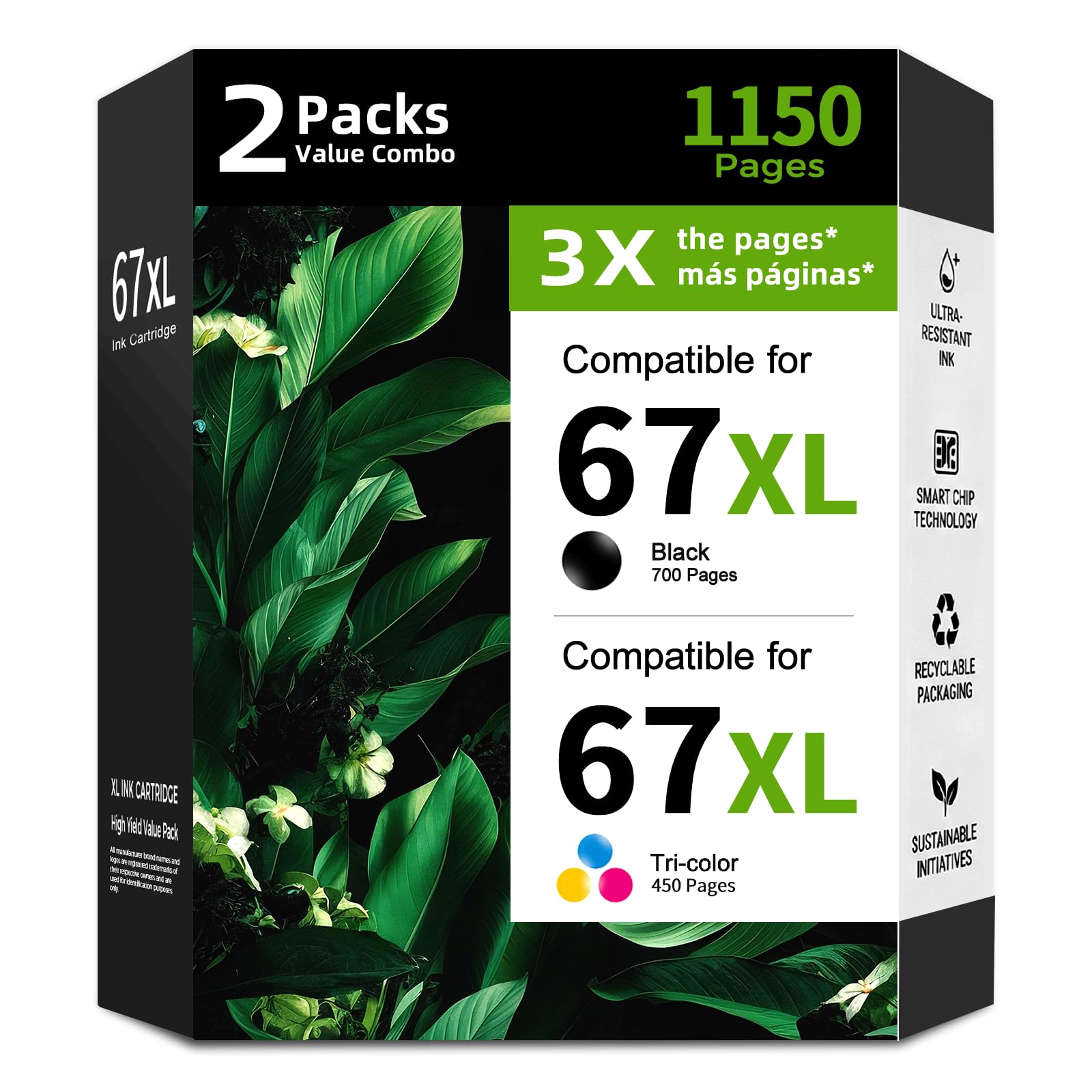 67XL Ink Cartridge Black Color Combo 2 Pack Replacement for HP 67 HP67 XL
