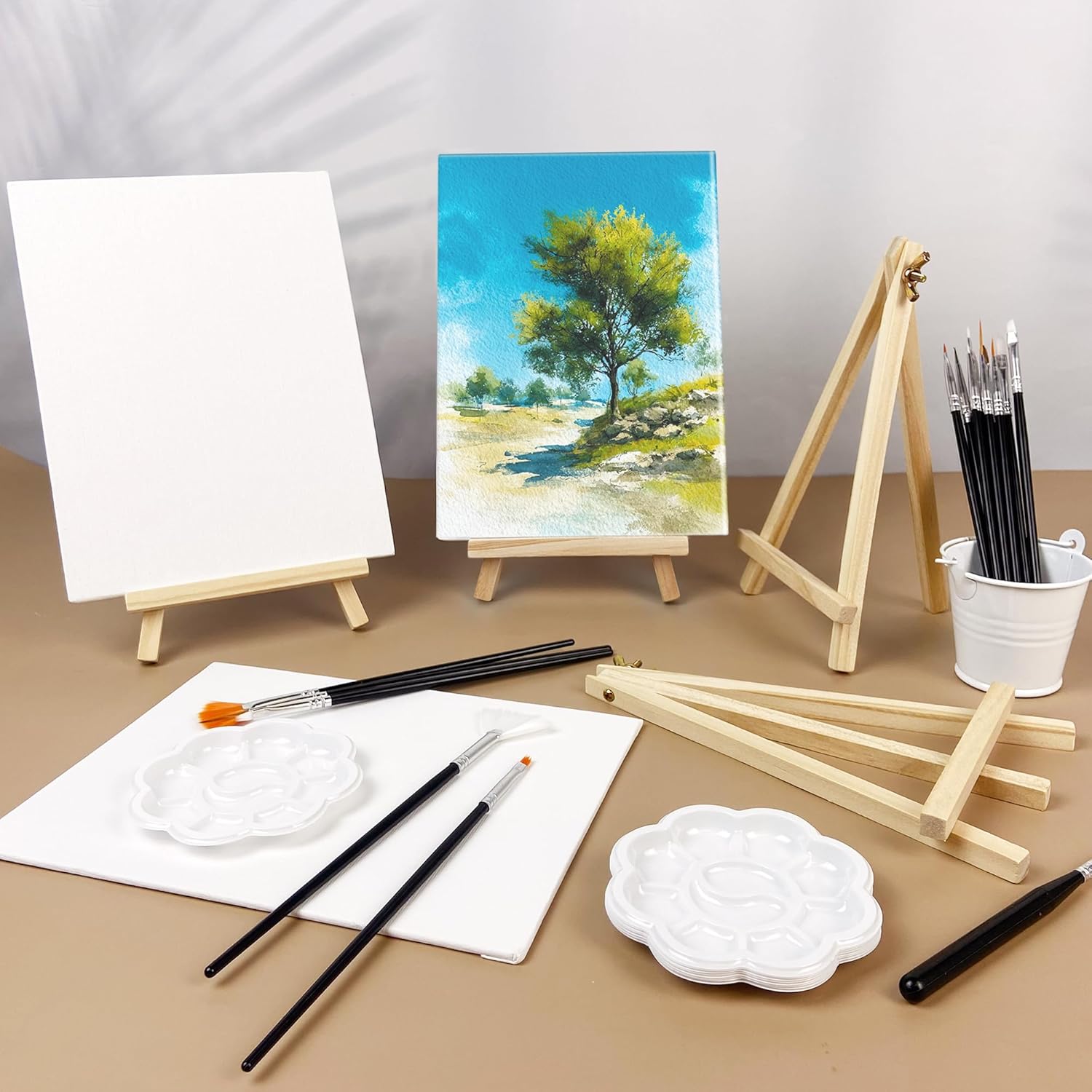 PPXMEEUDC 10PACK 75pcs Canvas with Easel Set Board with Wooden Easel Tray Brush 6 x 8in Canvas Aainting Board Set Great for Beginners in Ail Painting and Watercolor Painting Party Gift - Image 4