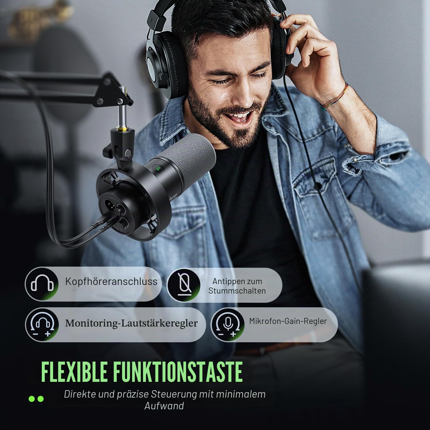 FIFINE Podcast Mikrofon K688 mit Boom Arm, USB/XLR Dynamic Mic Kit mit Mute Button, 3,5 mm Kopfhörer Jack für Studio/Musikaufnahme/Streaming Kompatibel mit PC/Computer/XLR Mixer - K688CT
