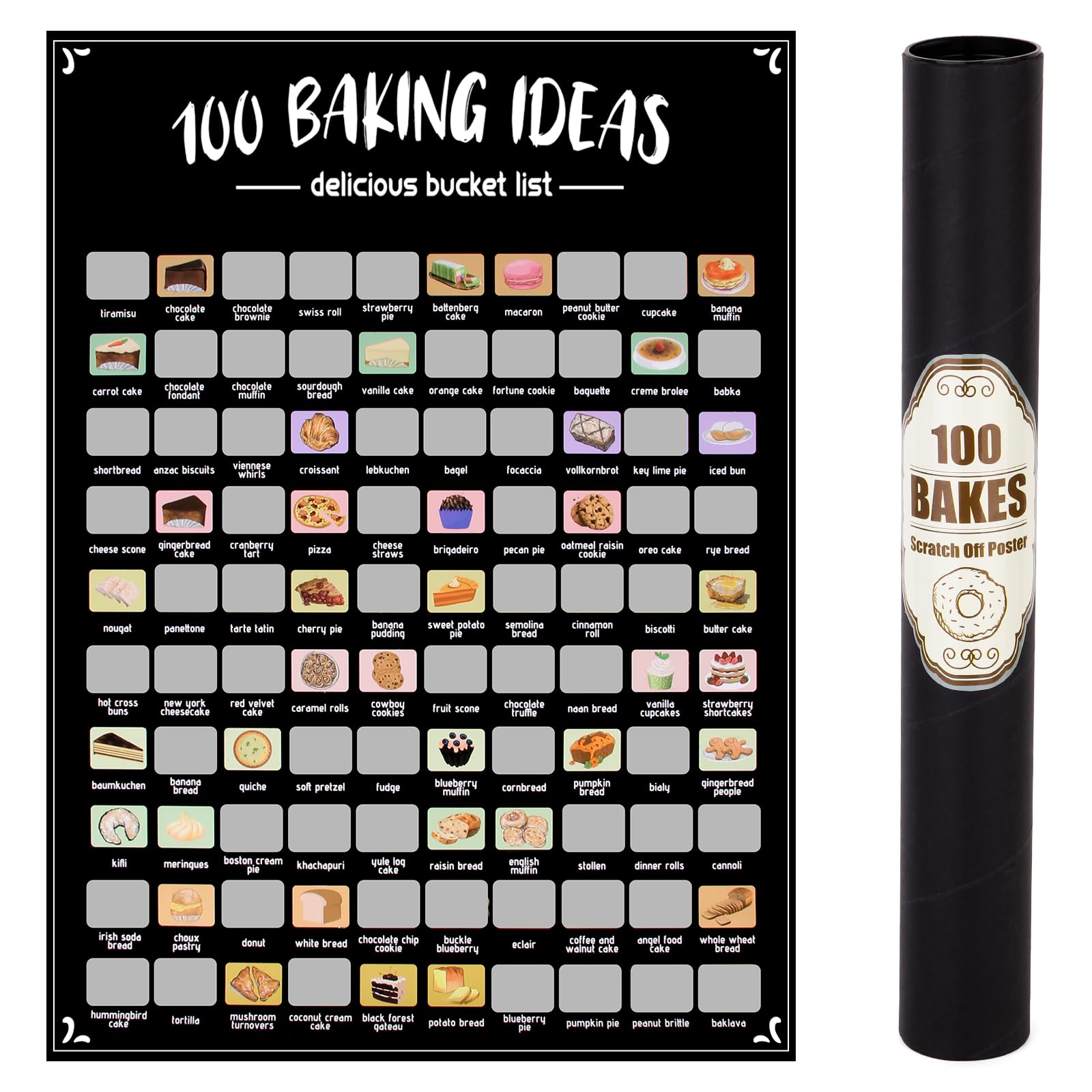 EIHFHIE 100 Bakes Scratch Off Poster, Baking Bucket List Scratch Off Poster, Personalised Baking Gifts for Women Who Love to Bake, Fun Christmas Gifts for Bakers, Foodie Gift, Meal Planners