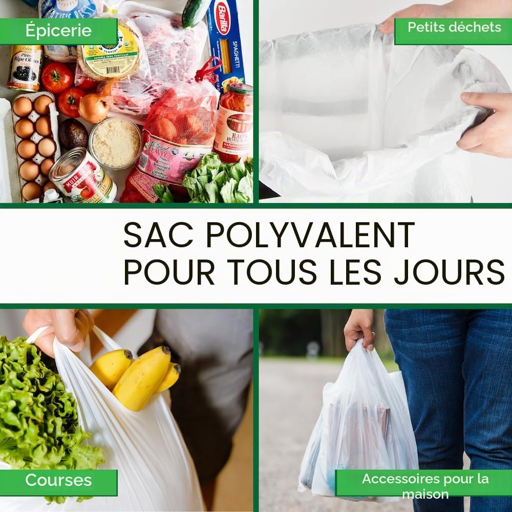 Lot de 100 sacs de transport blancs en plastique style gilet - 33 x48 x 58,5 cm (1 boîte de 100 sacs) - très résistants