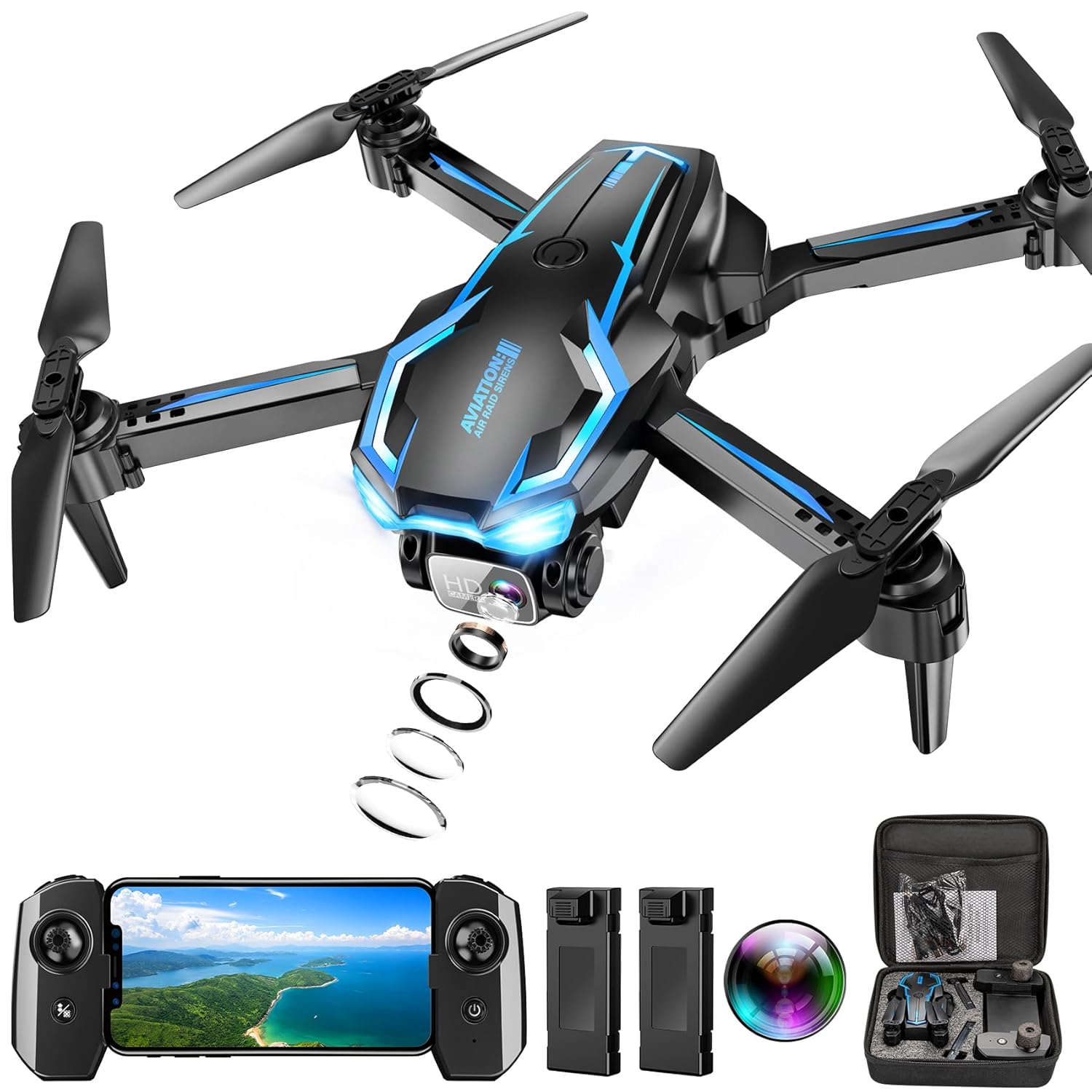 2K HD FPV Drone with Camera for Adults - Altitude Hold, One-Key Takeoff/Landing, 3 Speed Modes, Headless Mode, 2 Batteries, Foldable & Portable, Best Gifts for Beginners, Teen...