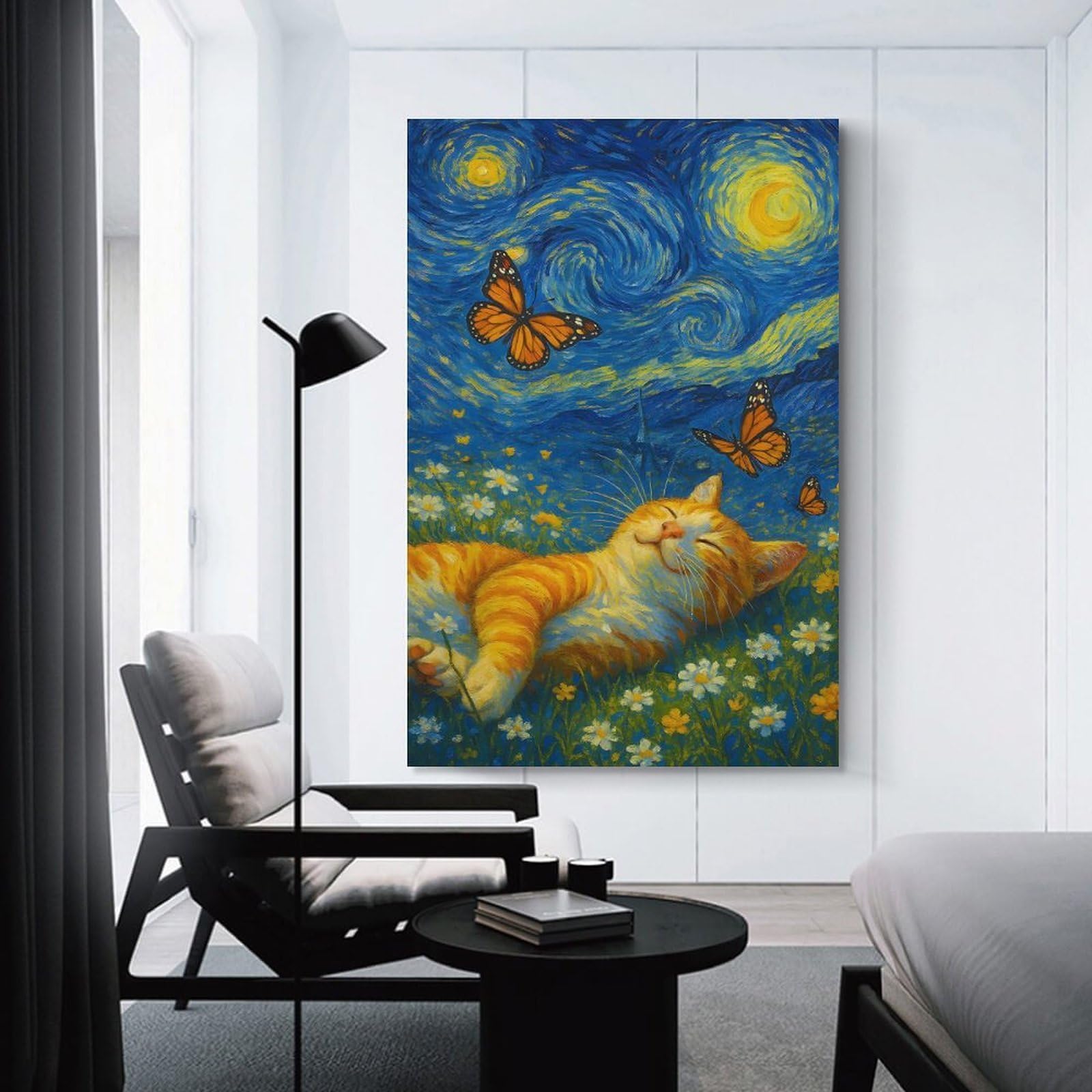 Junmoney Unframe-Style-18 Cat In Starry Night Field Hanging Wall Art, 24X36inch(60X90cm), For Entrance Walls, Hall Decor Or Foyers, Wall Decor To Refresh Empty Corners