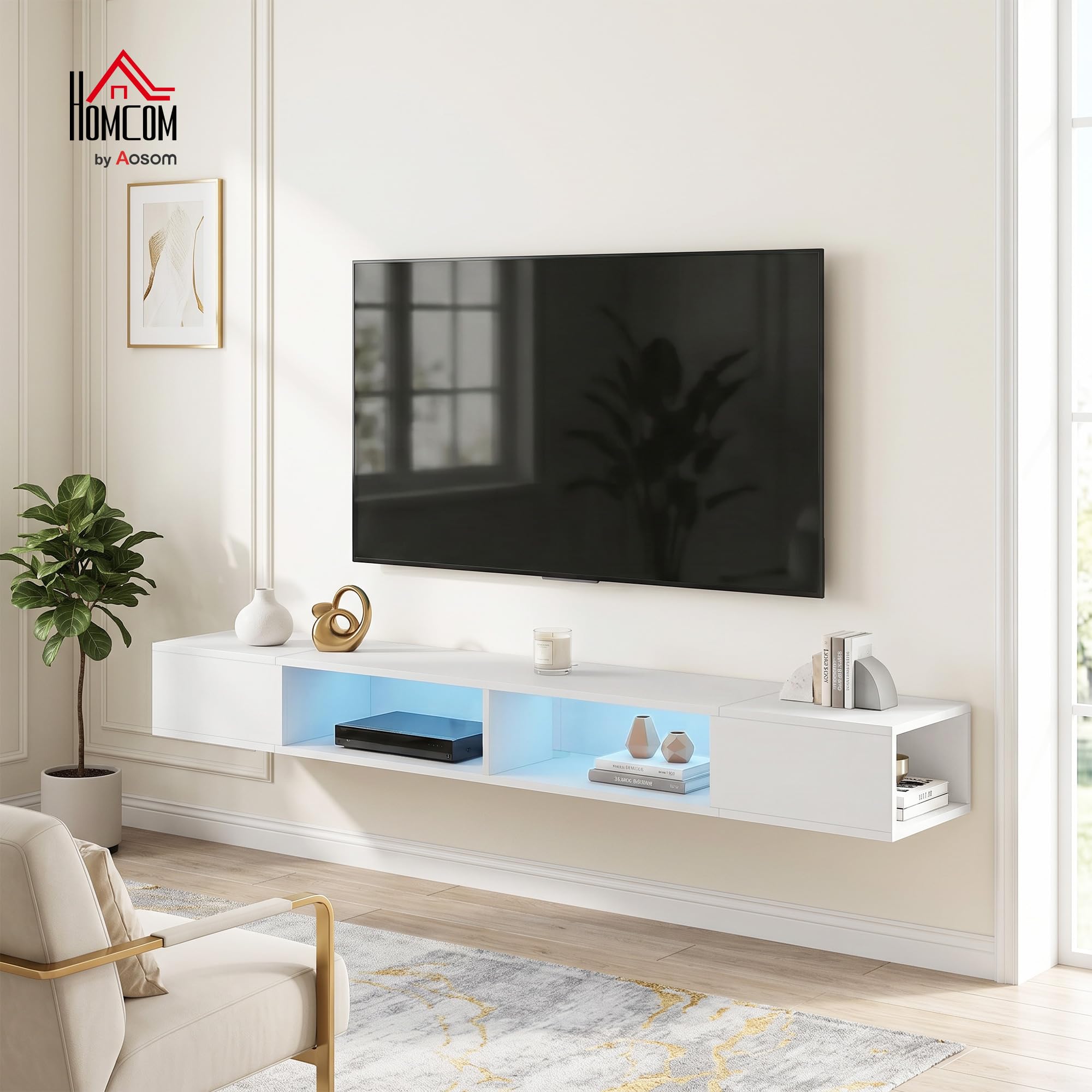 HOMCOM Mueble de TV Suspendido con Luces LED, Mueble de TV para Salón con Estantes Abiertos, Estilo Moderno, para Televisión 75 Pulgadas, 177,8x30x18 cm, Blanco