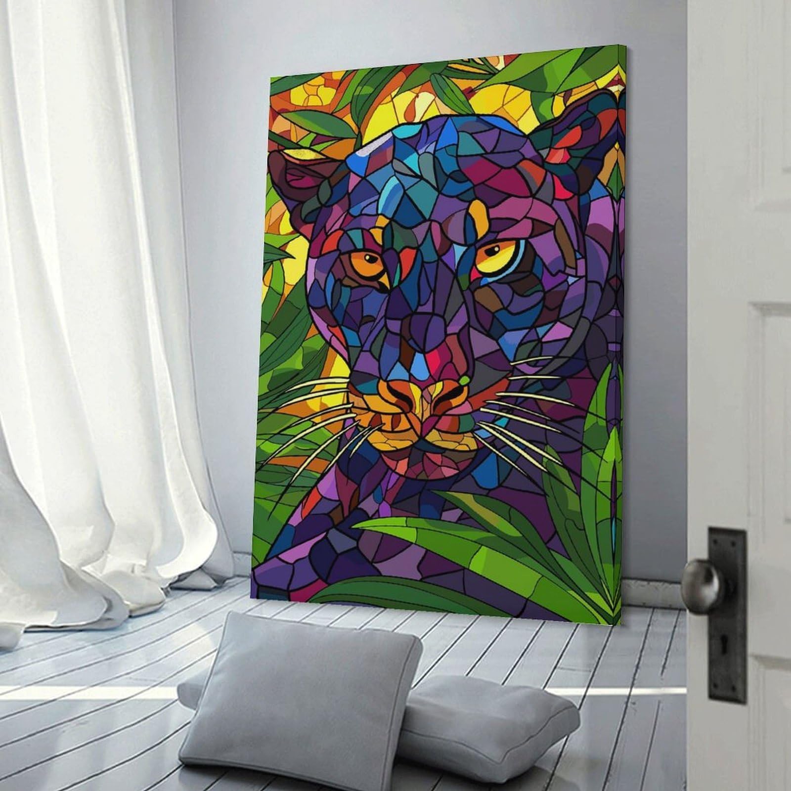 Junmoney Stained Glass Black Panther in Jungle Canvas Wall Decor 20x30inch(50x75cm), for Workspace Walls, Study Corners Or Bedrooms, Decorative Artwork for Productive Spaces