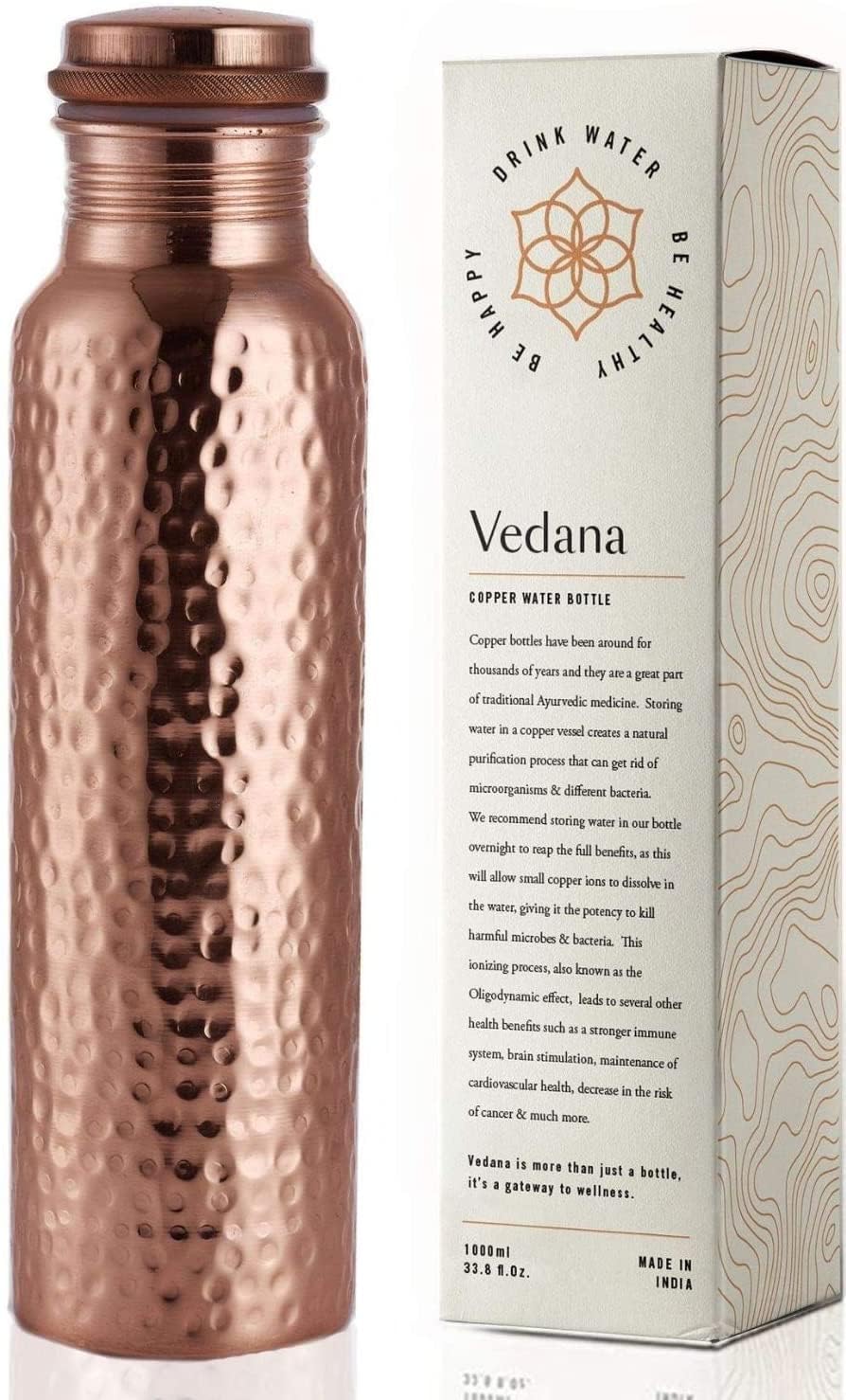 VEDANA Premium Hammered Ayurvedic Pure Copper Water Bottle | Leak Proof 1 Liter Copper Vessel for Drinking Water | Great Water Bottle for Sports, Yoga & Everyday Use