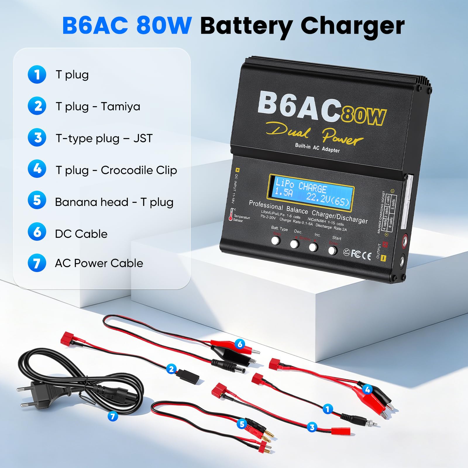LiPo Ladegerät 80W 6A Dual Power Akku Ladegerät mit Balancer für LiPo Li-Ion Life (1-6S) NiMH NiCd (1-15S) PB, B6AC RC Batterie Ladestation mit LCD Display & Multi-Kabel für RC Auto Drohne, Schwarz