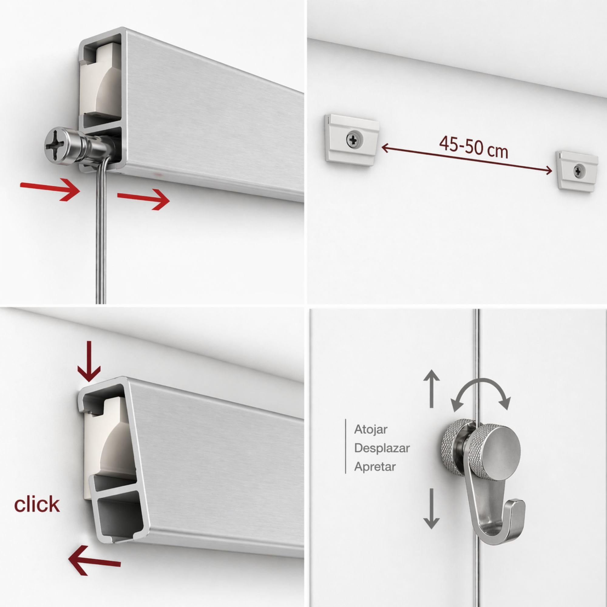 Pack Basic RM de 150cm Guías de Aluminio para Colgar Cuadros (Plata Mate) con 4 colgadores Nylon