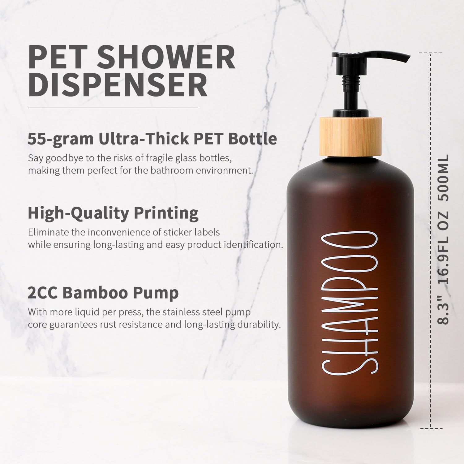 MOMEEMO Amber Duschspender-Set, enthält 3 extra Dicke PET-Kunststoffflaschen mit Bambus-Pumpen, Shampoo- und Conditioner-Spender für die Dusche, perfekt für Moderne Badezimmerdekor. (Bernstein)