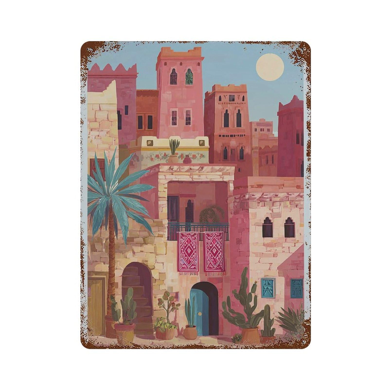 xiaoxiaoshen Moroccan City Desert Architecture Warm Pink Travel Boho Mediterranean Exotic Hom Wall Decor Art Metal Tin Poster Modern Home Decor Art Home Bar Shop Decorations Vintage Sign 40x30cm