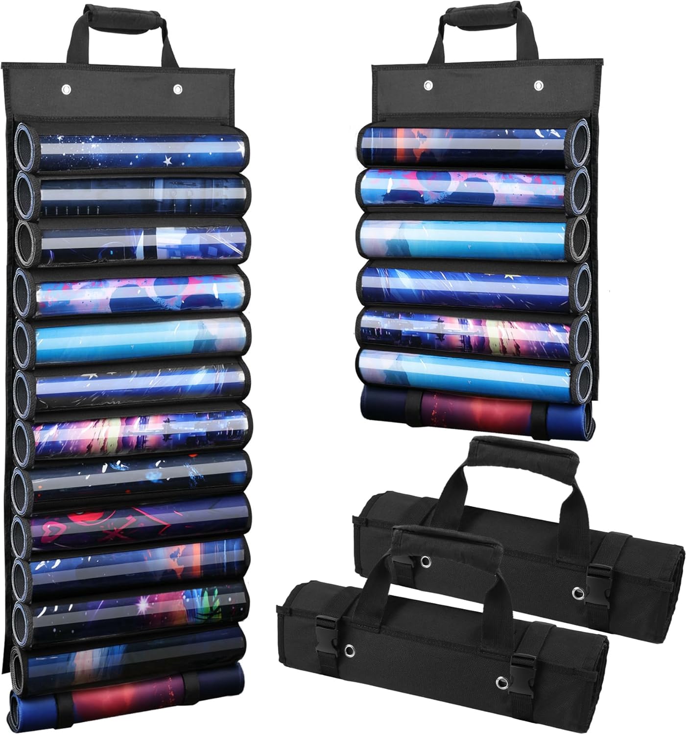 2 Pack Playmat Tube Storage Bag, Hangable Playmat Holder with 2 Hooks, Playmat Case for MTG/TCG/RPG, Fits 12+1/6+1 Game Mats with Transparent PVC Slots (Black)