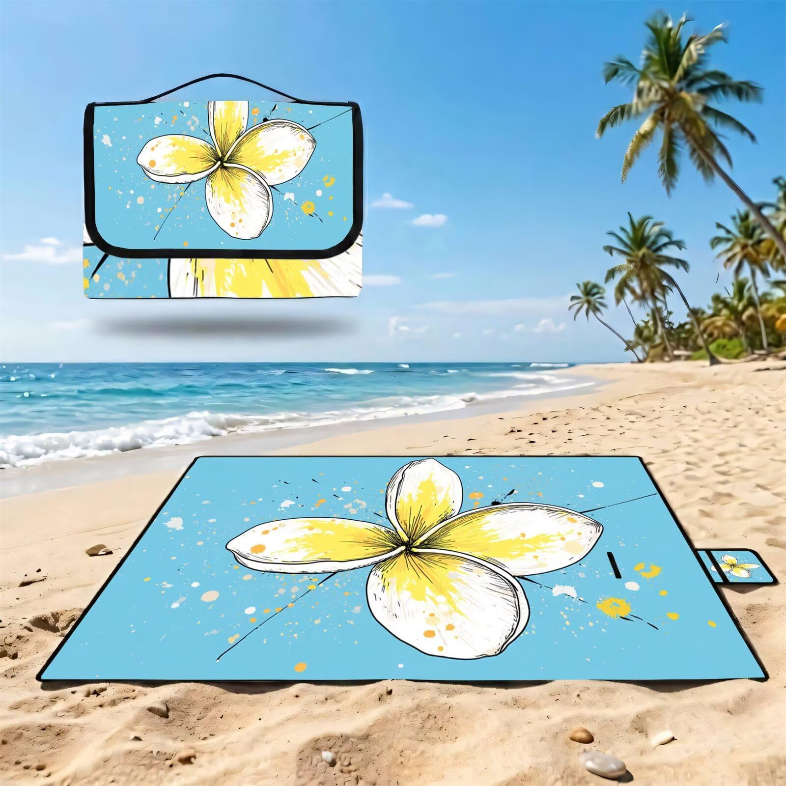 Coperta de Picnic 150x200 cm, Bianco Manta Picnic Impermeable Anti-Sabbia Manta de Playa Pieghevole, Outdoor Picnic Blanket per Spiaggia, Camping, Giardino, Trekking - Flower FZ-160