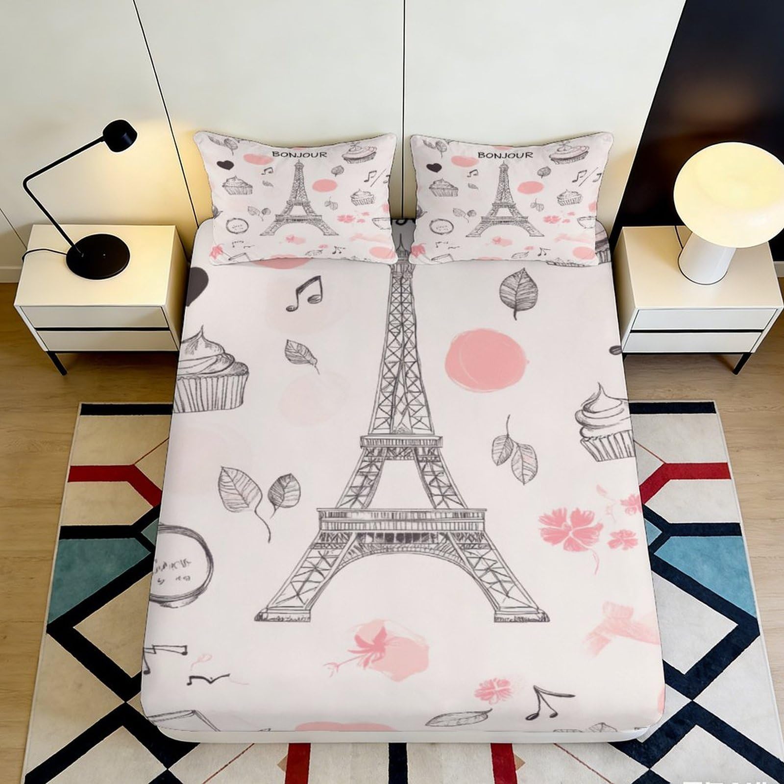 3D Printed Eiffel Tower Paris Decor Fitted Sheet Microfiber Soft Pink Cupcake Bed Cover Anti-Slip Machine Washable for Bedroom 160x200x25cm