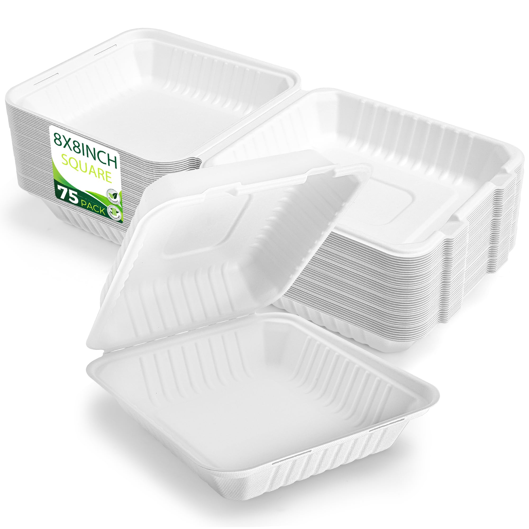 BIRCHIO 75 Pack 8”x8” Take Out Containers with Lids, EXTRA Sturdy To Go Food Containers, 100% Compostable Clamshell Take Out Containers, To Go Boxes
