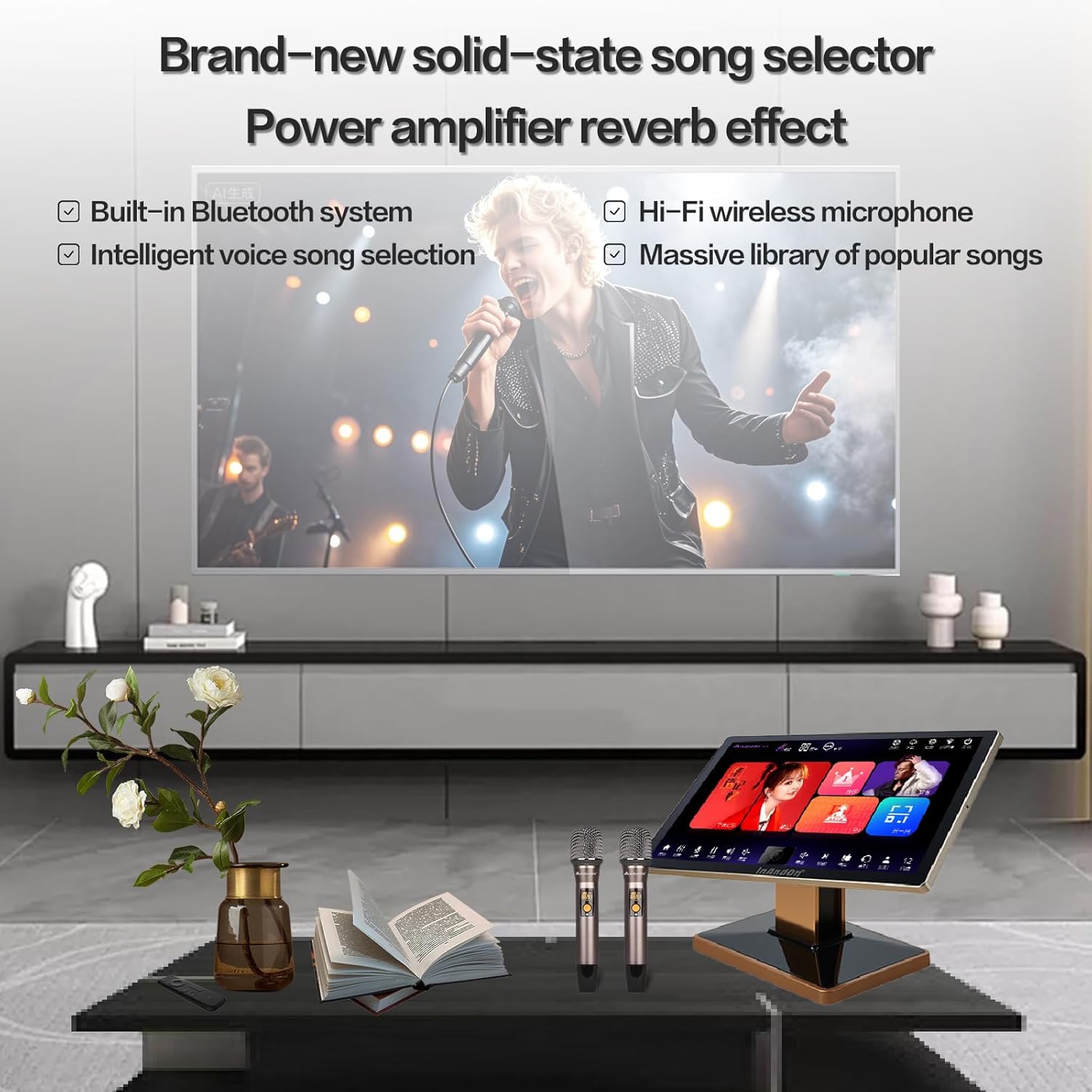 2026 Inandonkod Karaoke Machine with 2 Wireless Mics, 21.5" Touch Screen, Bluetooth, Reverb Effect, Free Cloud Song Updates, Powerful Party Speaker for Home, Parties, Gatherings (500G)