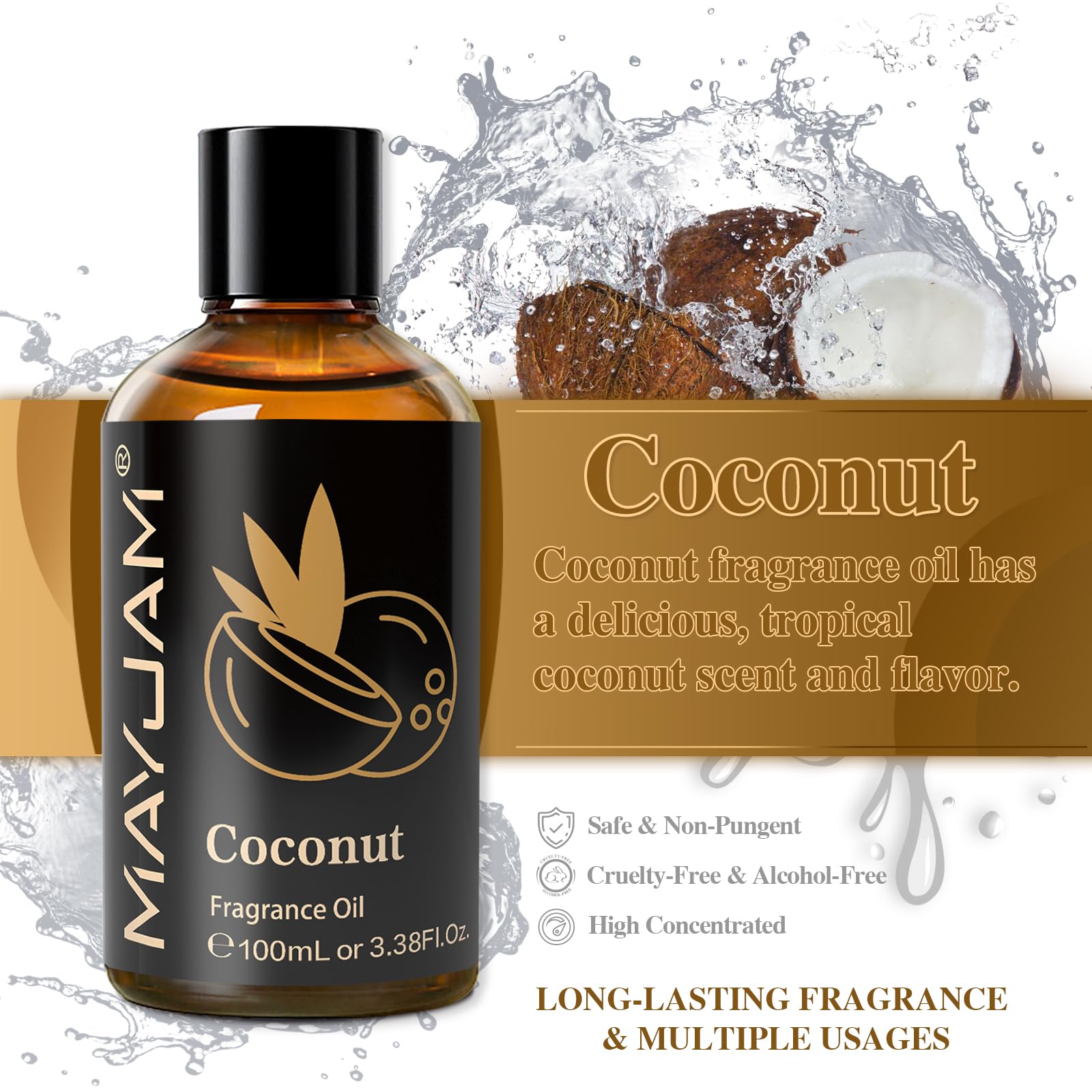 MAYJAM Olio Essenziale di Cocco 100ml, Olio Di Fragranza Premium Per Diffusori di Olio Essenziali, Aromaterapia, Casa, Bruciatore Di Olio