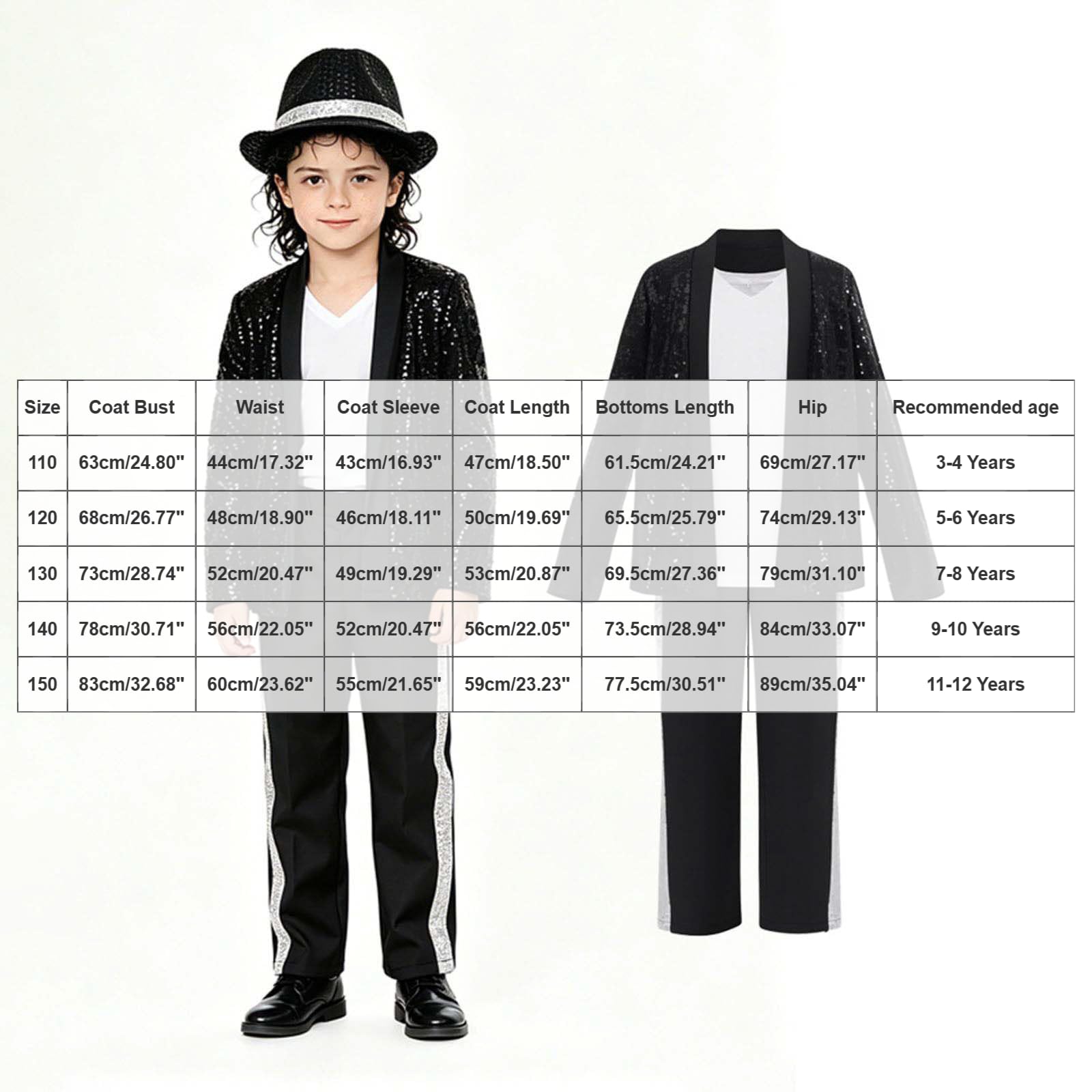 Genérico Traje de Estrella Niño 4 12 Años Conjunto de Baile con Chaqueta Lentejuelas Negra Sombrero y Guantes Estilo Años Disfraz la Música Niño Disfraces Cantante para y Halloween Sombrero Guante