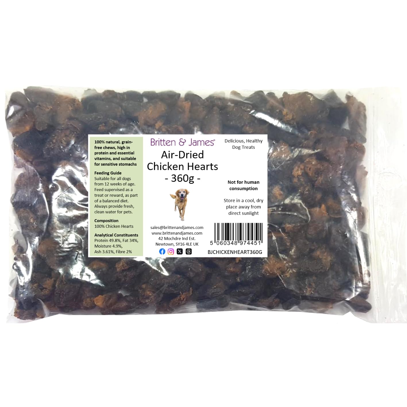 Britten and James Air Dried Chicken Hearts Dog Treat Chew (360g/Approx 200 Hearts). 100% Natural, Grain Free
