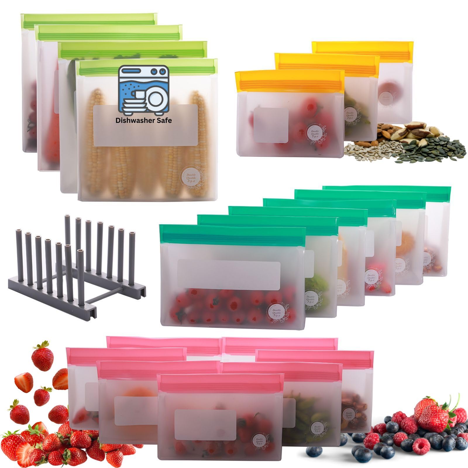 Wiederverwendbare Silikon-Lebensmittel-Aufbewahrungsbeutel – auslaufsicher, gefriergeeignet, BPA-frei, wiederverwendbar, langlebig, Handwäsche und Lufttrocknen (21 Packungen mit 12 Litern, 6 großen, 7