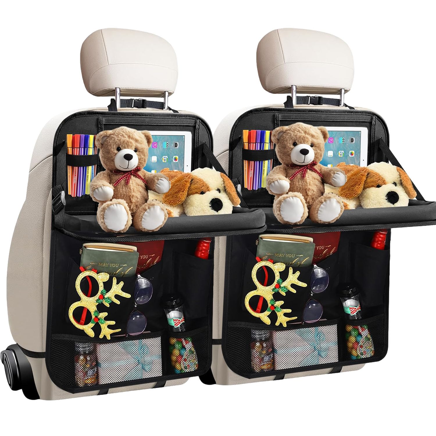 Duscdesp Autositz Organizer, Rückenlehnenschutz Auto Kinder, Auto Organizer Kinder mit Faltbarer Tischablage, Transparente Tablet-Tasche mit Touchscreen, Wasserdicht (Zweierpack)