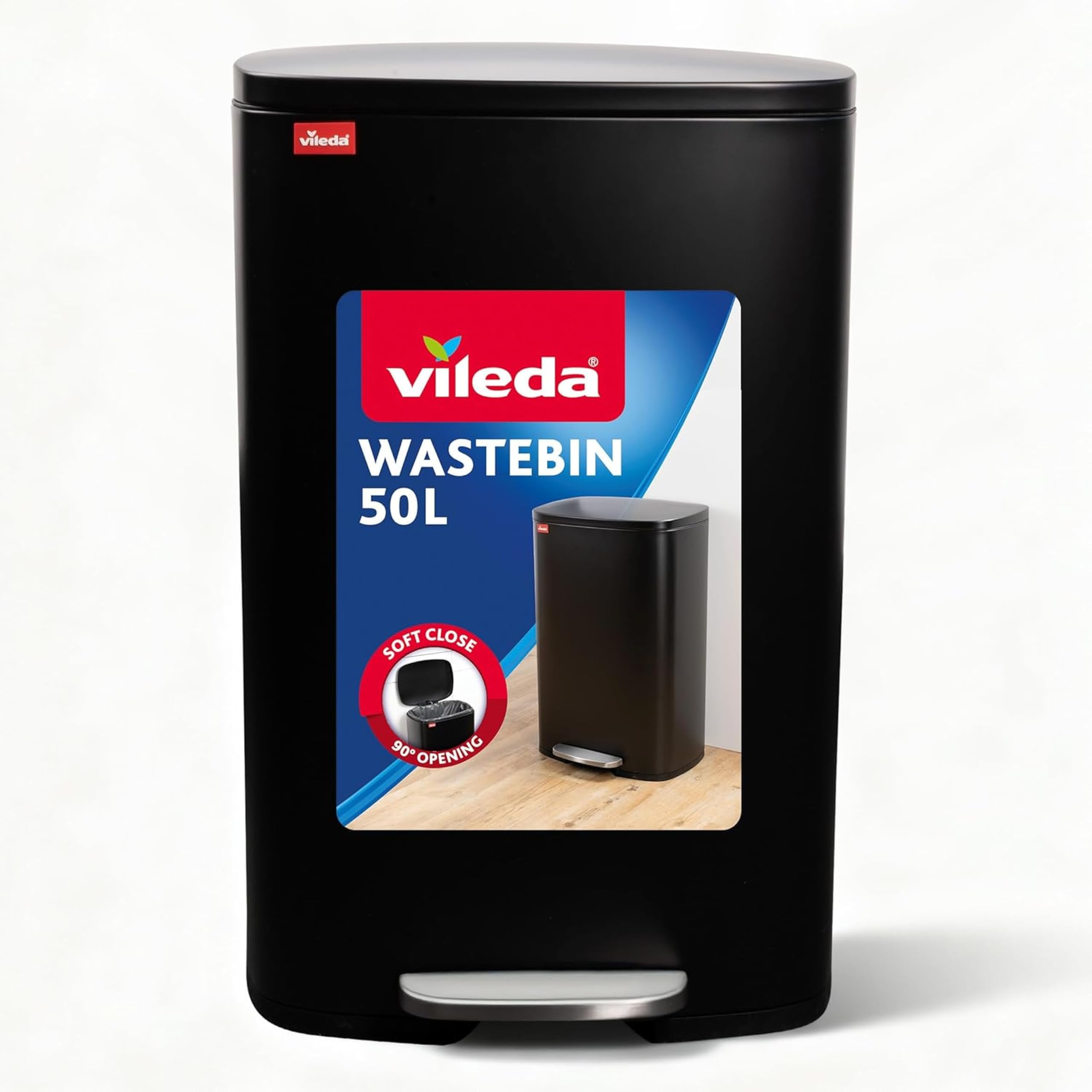 Vileda Mülleimer 50L Edelstahl Schwarz - Treteimer mit Deckel - Abfalleimer 50L mit Soft-Close und 90 Grad Öffnung - Mülleimer Küche 50L