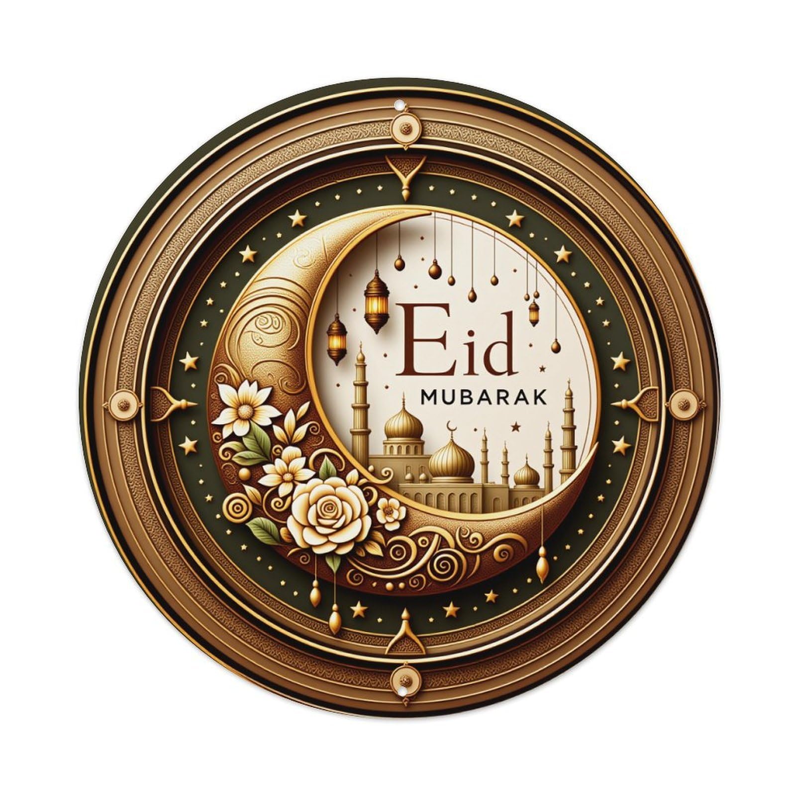 Golden Crescent Moon Mosque Flowers Stars Metal Tin Sign Vintage Garden Bedroom Cafe Bar Man Cave Home Wall Decor Metal Poster 8x8 inches