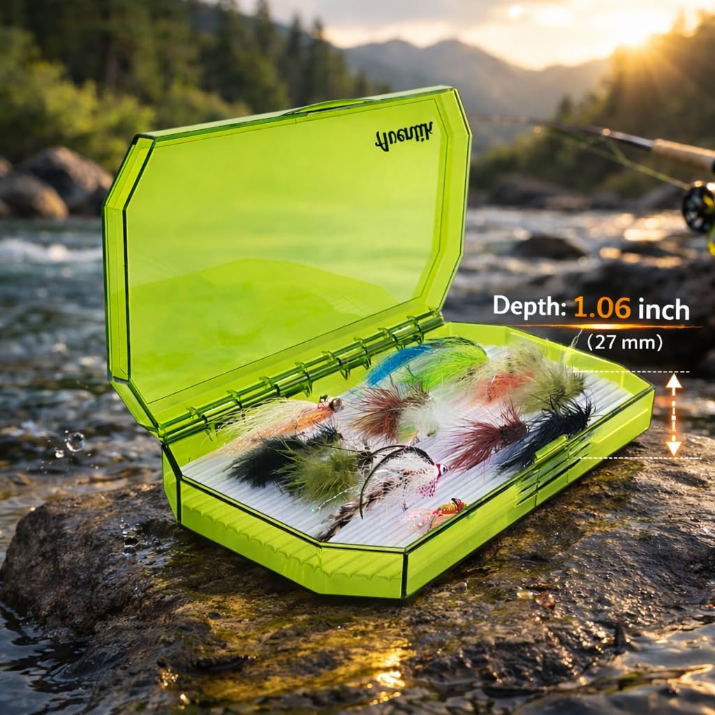 Aventik Deep Streamer Fly Box with Clear Lid Large Capacity Fly Fishing Storage Case for Saltwater & Freshwater Flies Deep Size 0.98/1.06inch (Green-L)