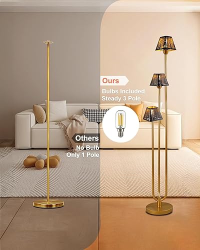 Miniatura 4 de Lámpara de pie dorada de 63 pulgadas, lámparas de pie únicas de 3 postes altos con pantalla de metal, 3000 K blanco cálido lámpara de pie moderna de