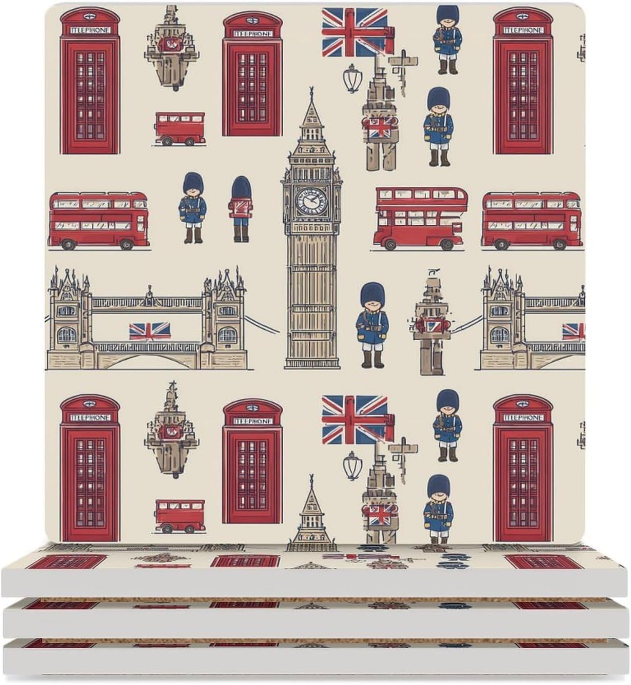 Theme of UK London British Flag Coaster for Drinks Square Ceramic Table Coasters Stone Mat Crafts 4PCS Home Kitchen Decor