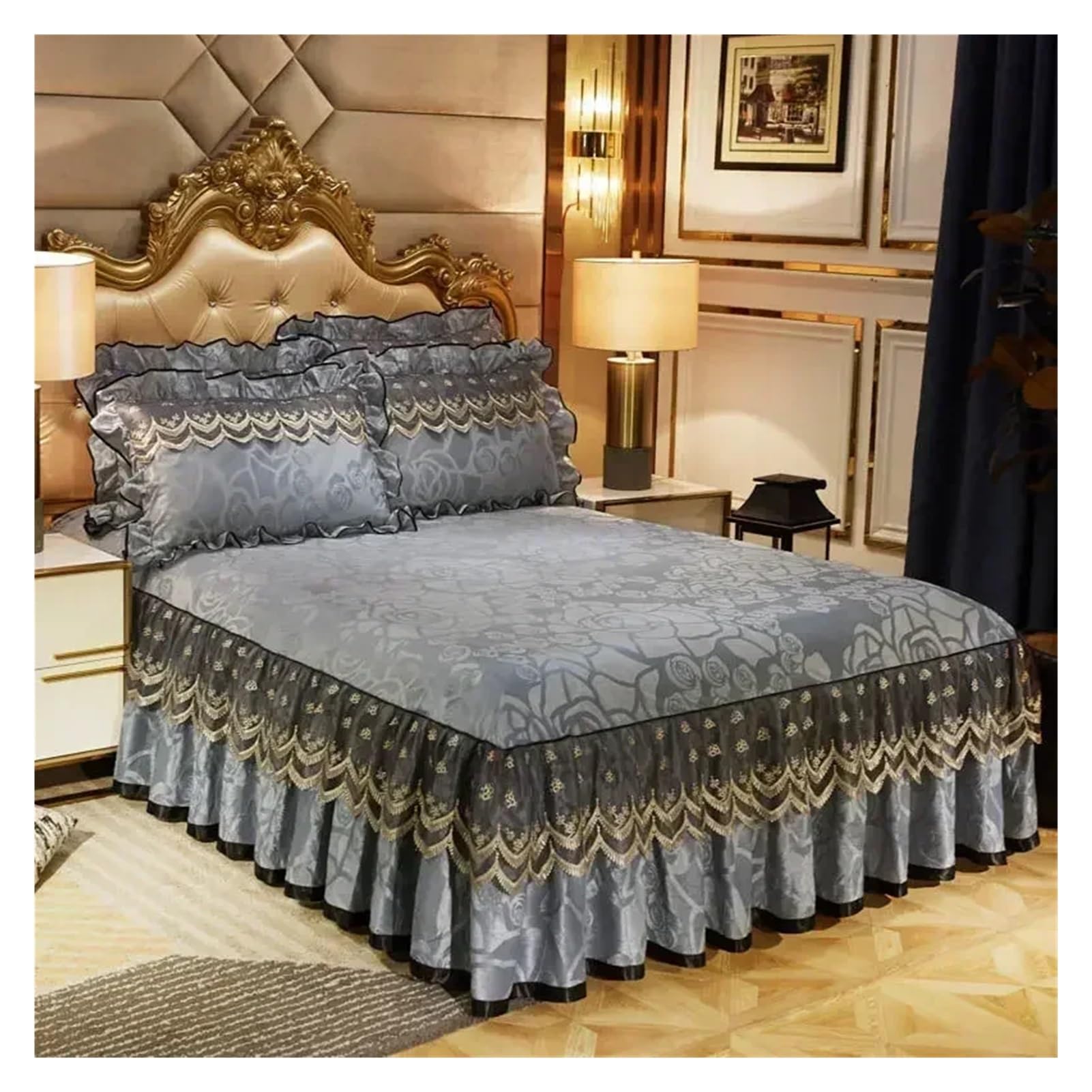 Betthusse 1PC Bettrock aus Samtspitze, rutschfeste Schutzhülle, Dickes schönes Bett, warme Bettwäsche for Herbst und Winter Bettrock(Gray,1PC 180x220cm)