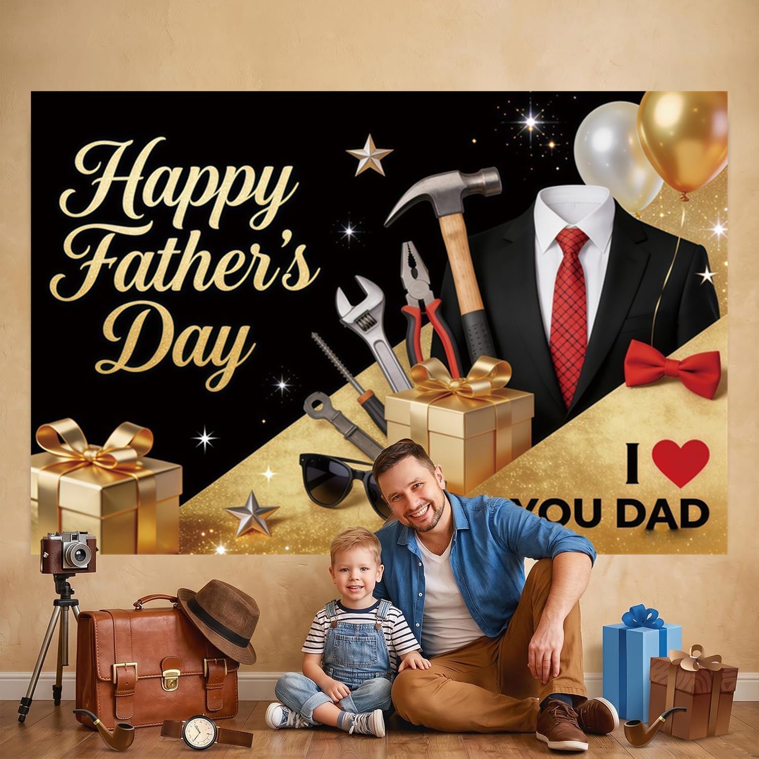 12x10ft Black Gold Fathers Day Backdrop for Happy Father's Day Party Decorations Suit Red Tie Tool Theme Photo Background We Love Dad Banner Garage Party Decor Family Photoshoot